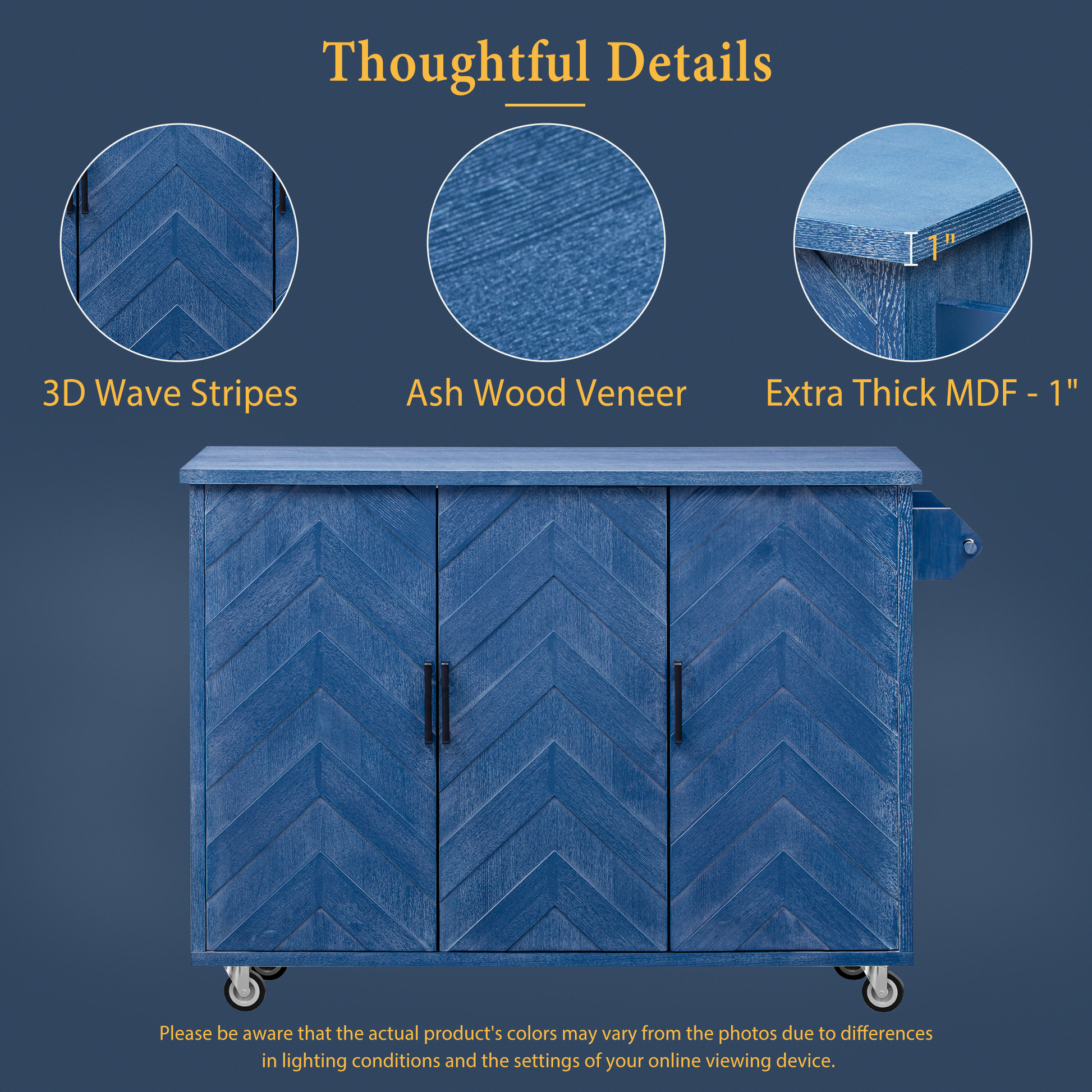 Blue kitchen island with three doors and D wave stripe design