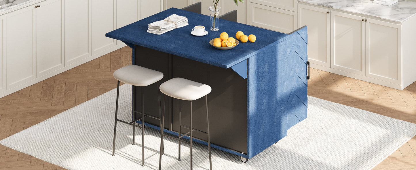 Blue mobile kitchen island with modern bar stools