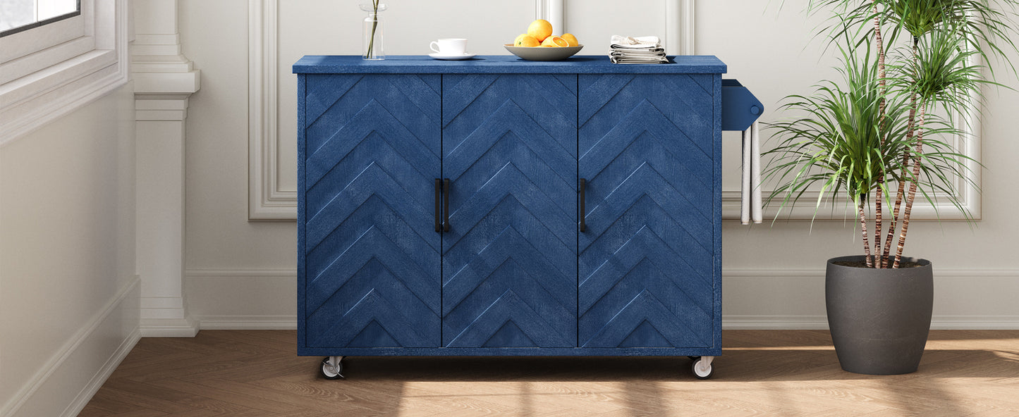 Navy blue mobile kitchen island with chevron doors and black handles