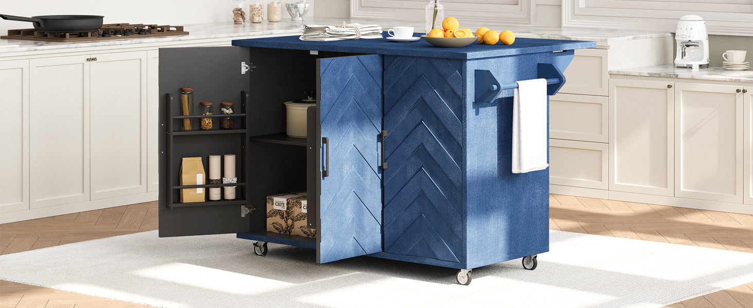 Blue chevron kitchen island with open doors showing storage shelves and items
