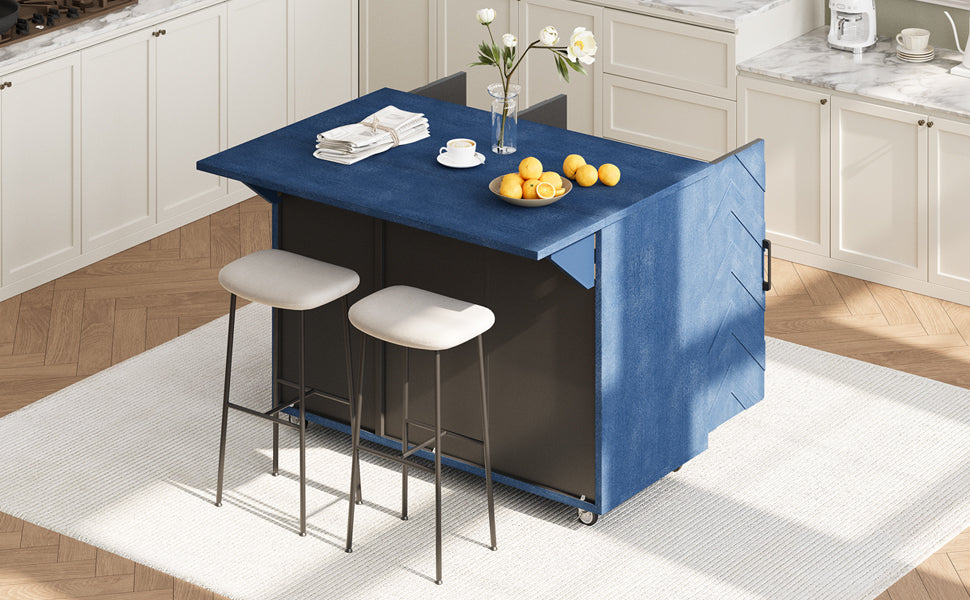 Blue textured kitchen island with bar stools and fruit
