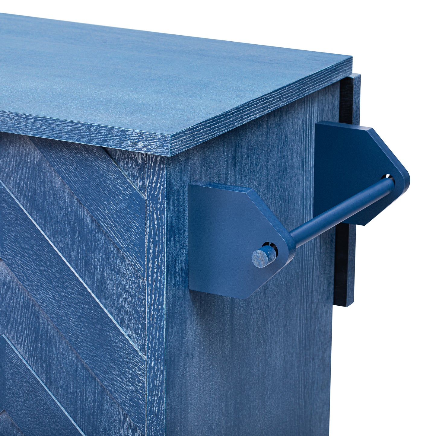 Dark blue wooden accent table with chevron detail and metal handle