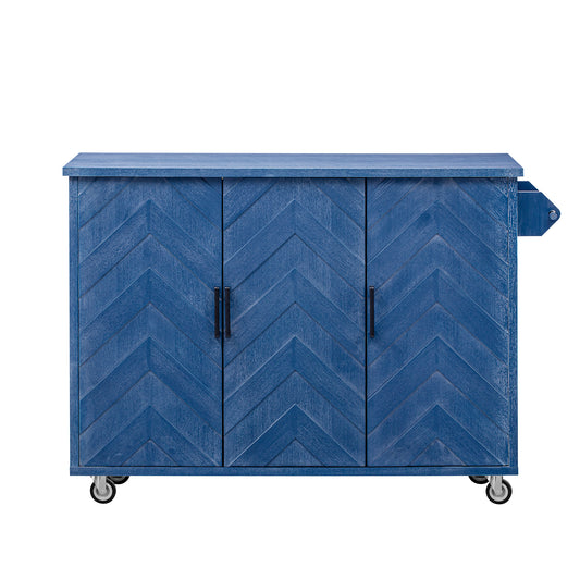 Blue rolling kitchen island with chevron patterned doors and black handles