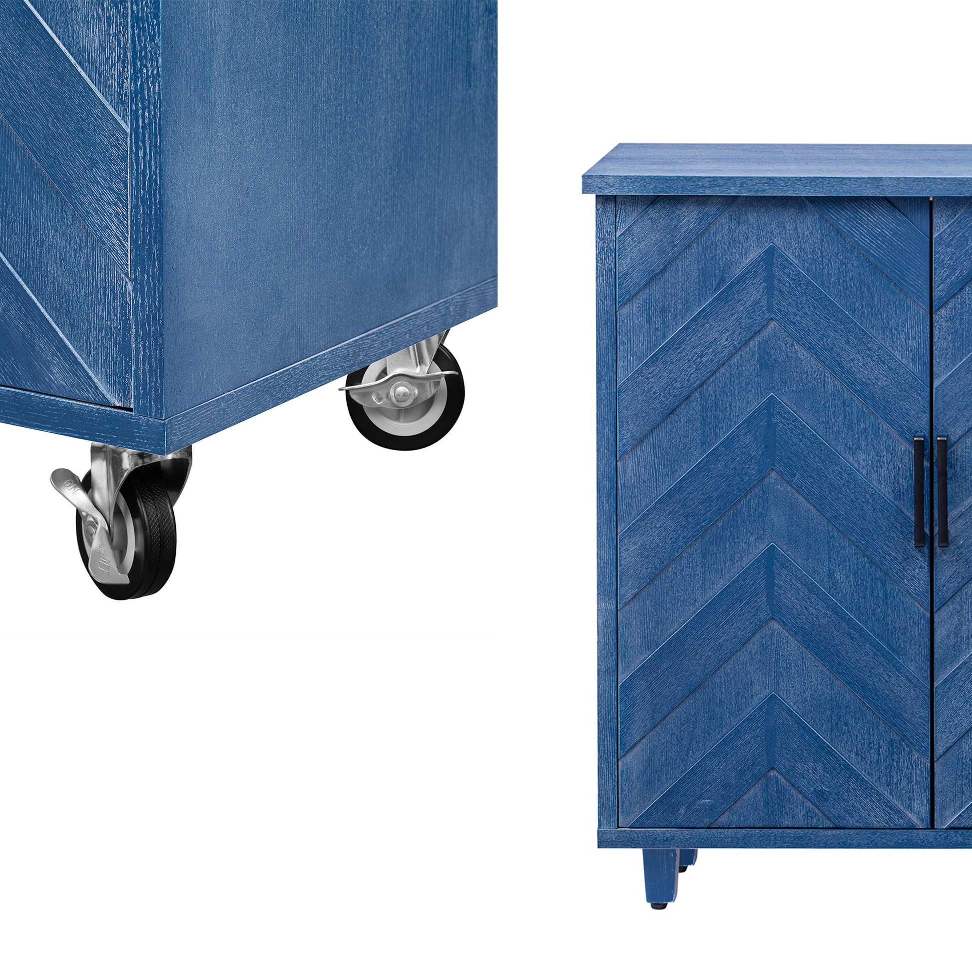 Blue herringbone wood cabinet with black handles