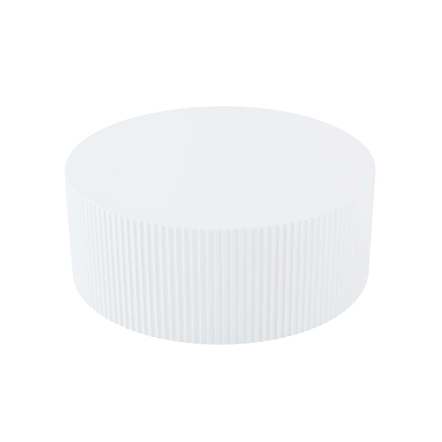 White fluted drum coffee table with a modern minimalist design