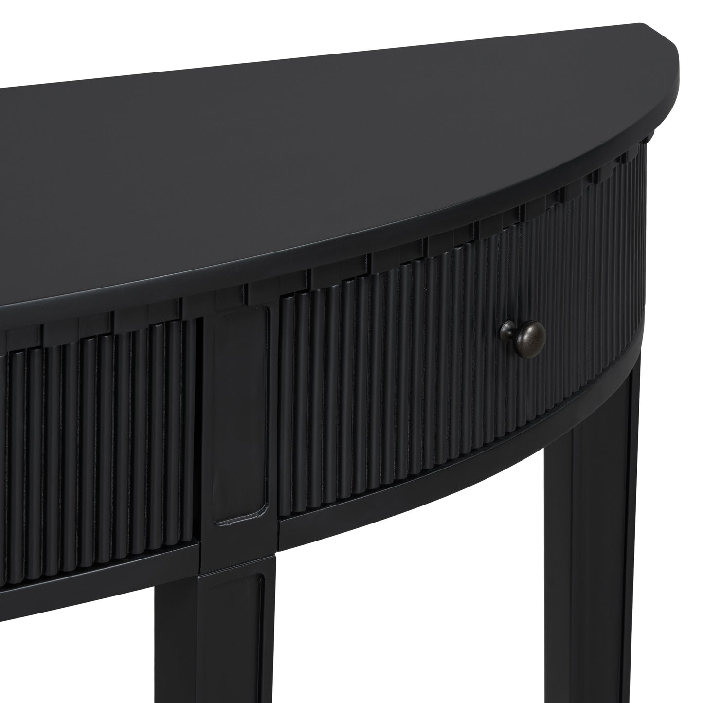 Black fluted drawer front detail on a modern console table with dark hardware