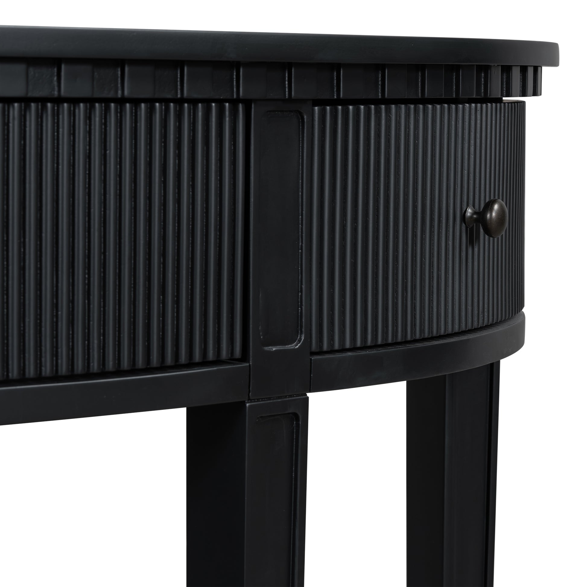 Black fluted accent cabinet with curved design and bronze knob