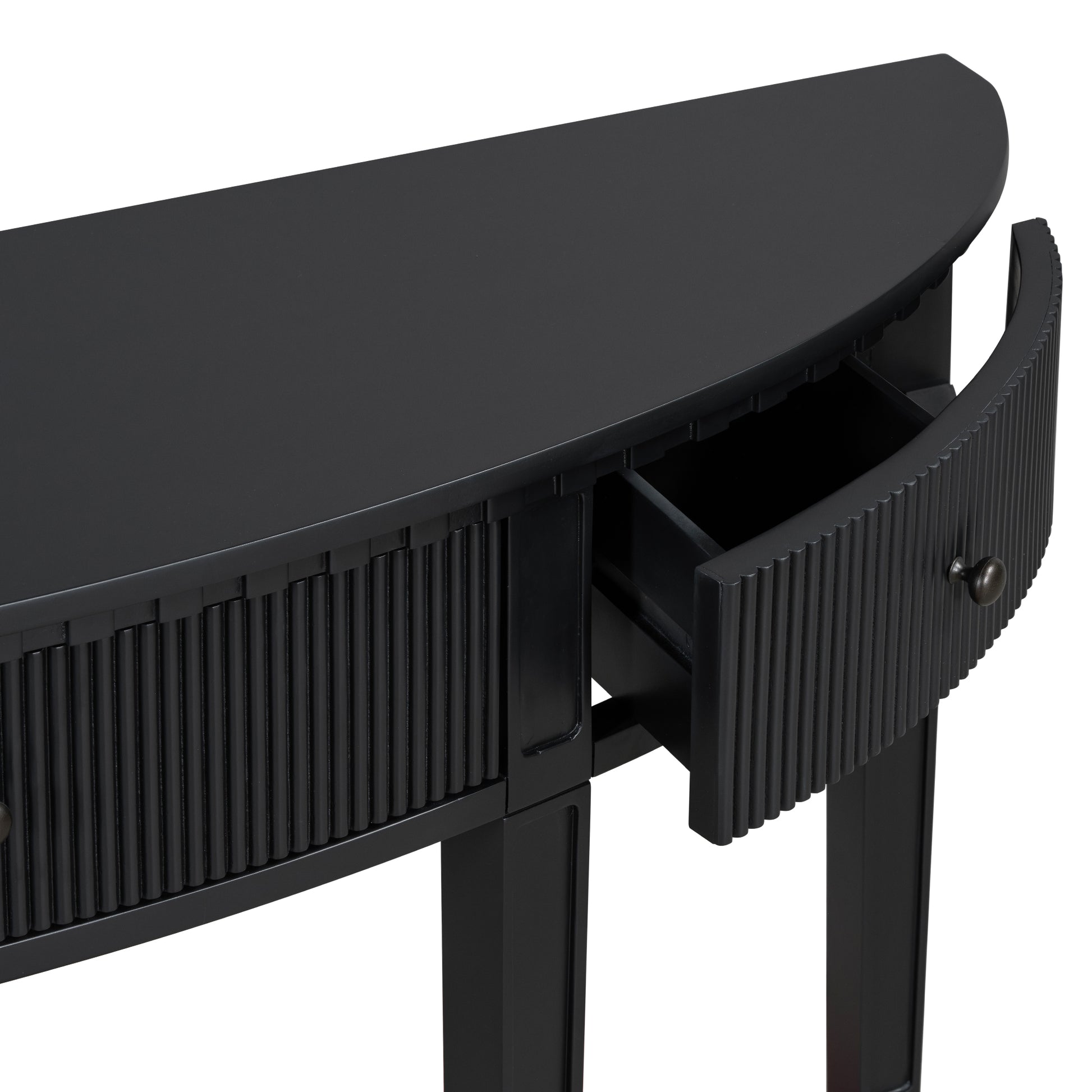 Black halfmoon console table with fluted drawers one open