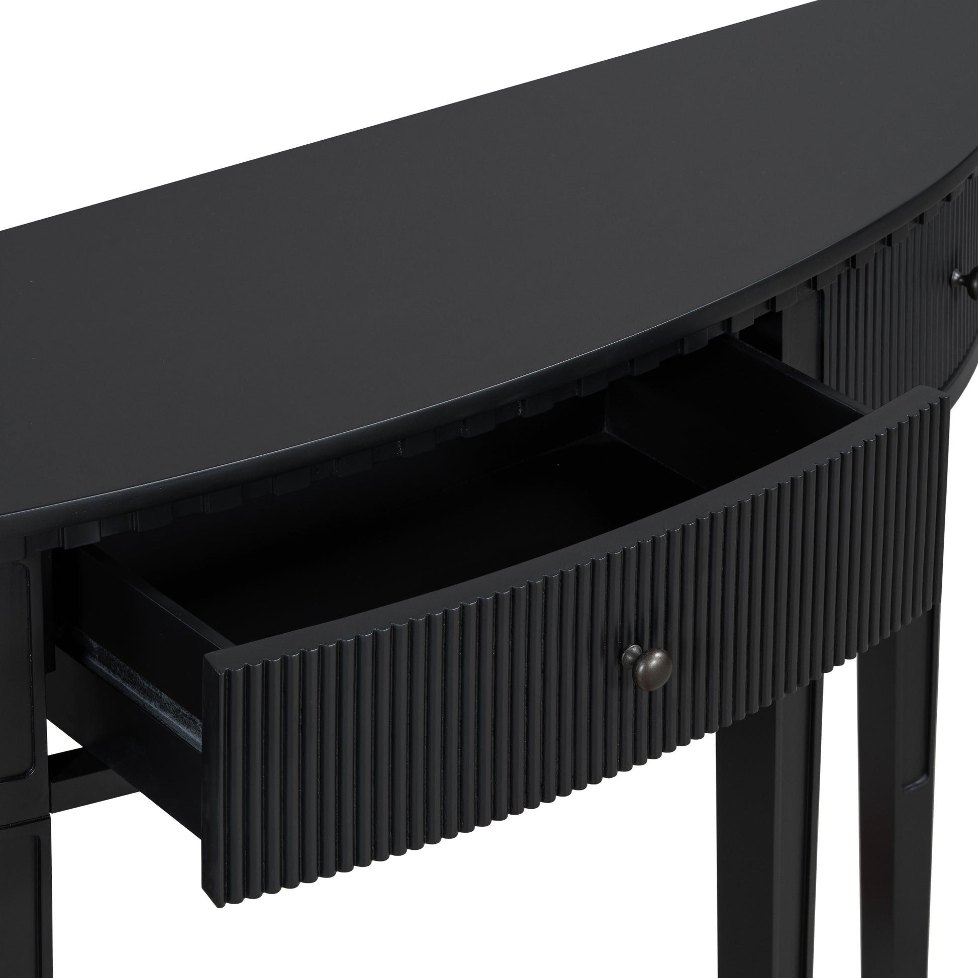 Black fluted drawer console table with antique brass knob detail