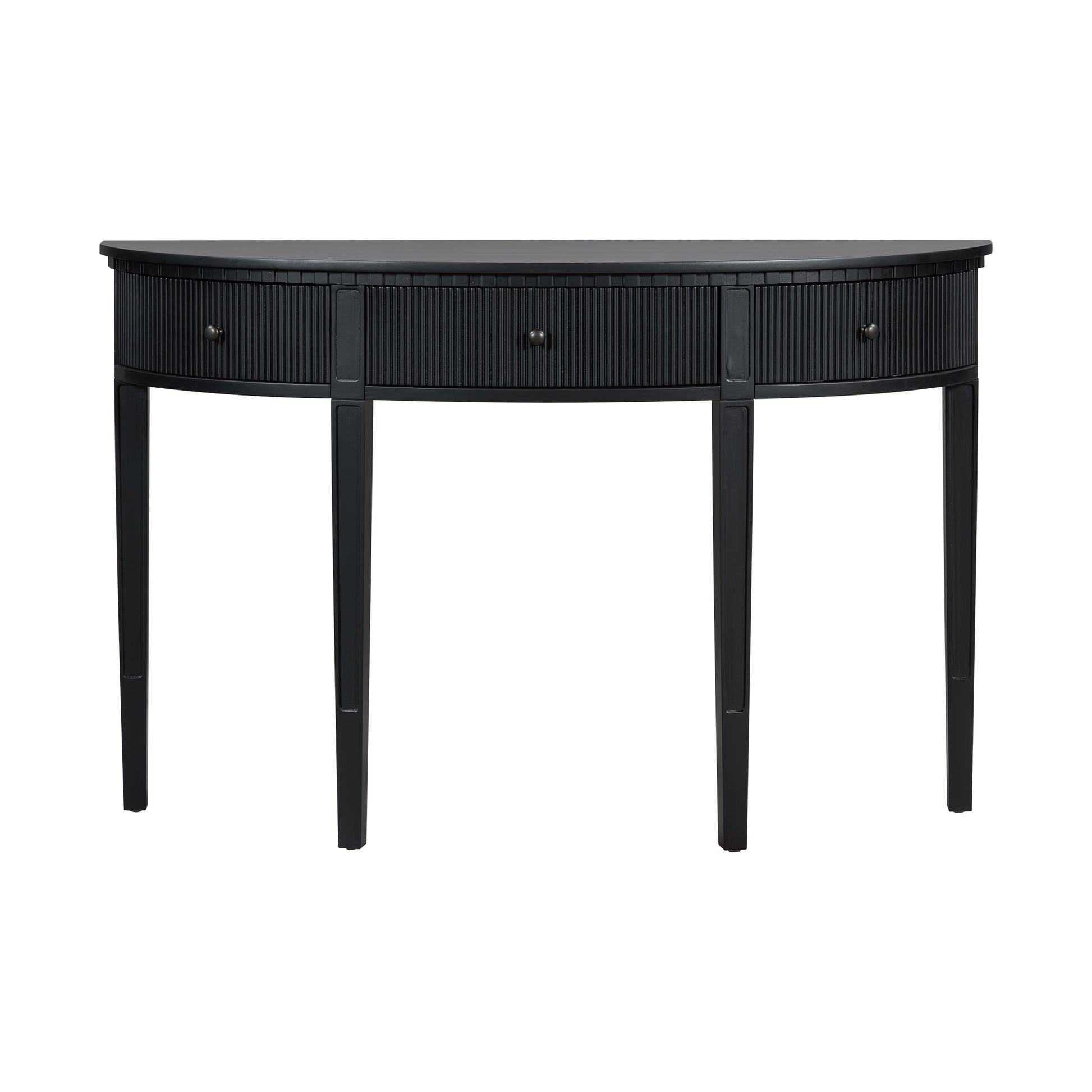 Black halfmoon console table with fluted drawers and brass knobs