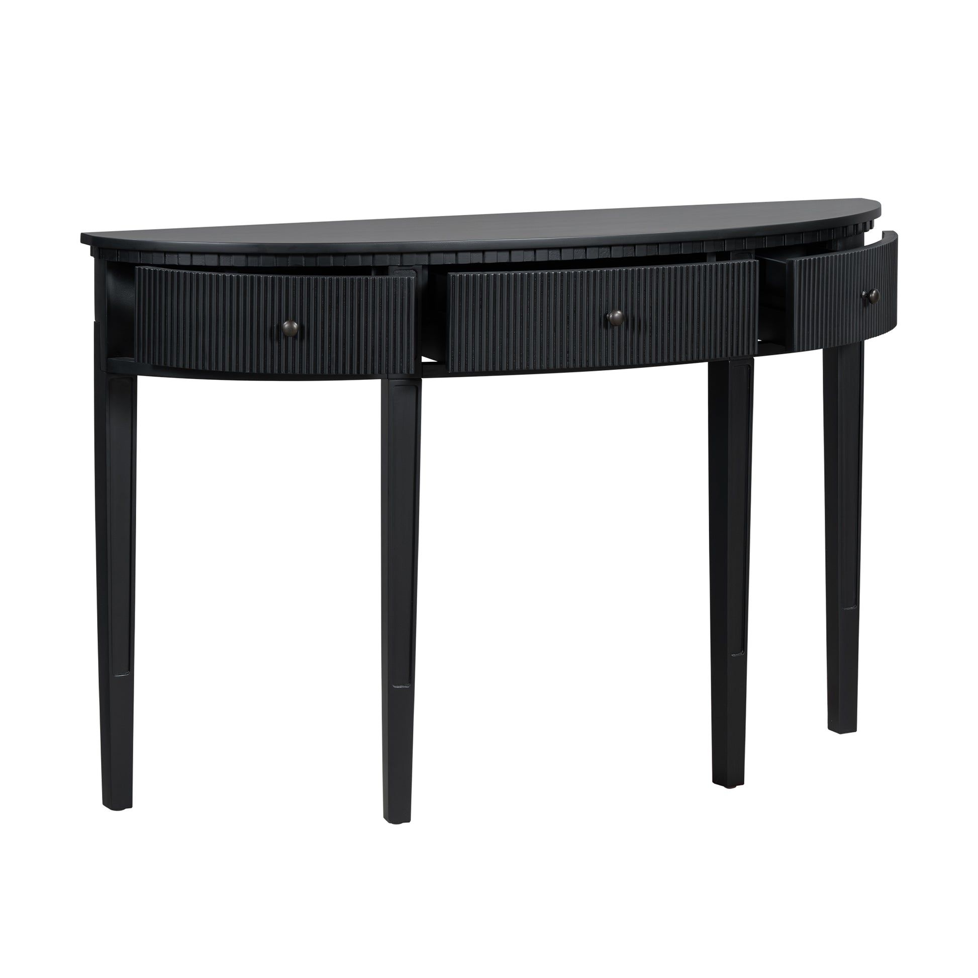 Black console table with three fluted drawers and tapered legs ideal for entryways