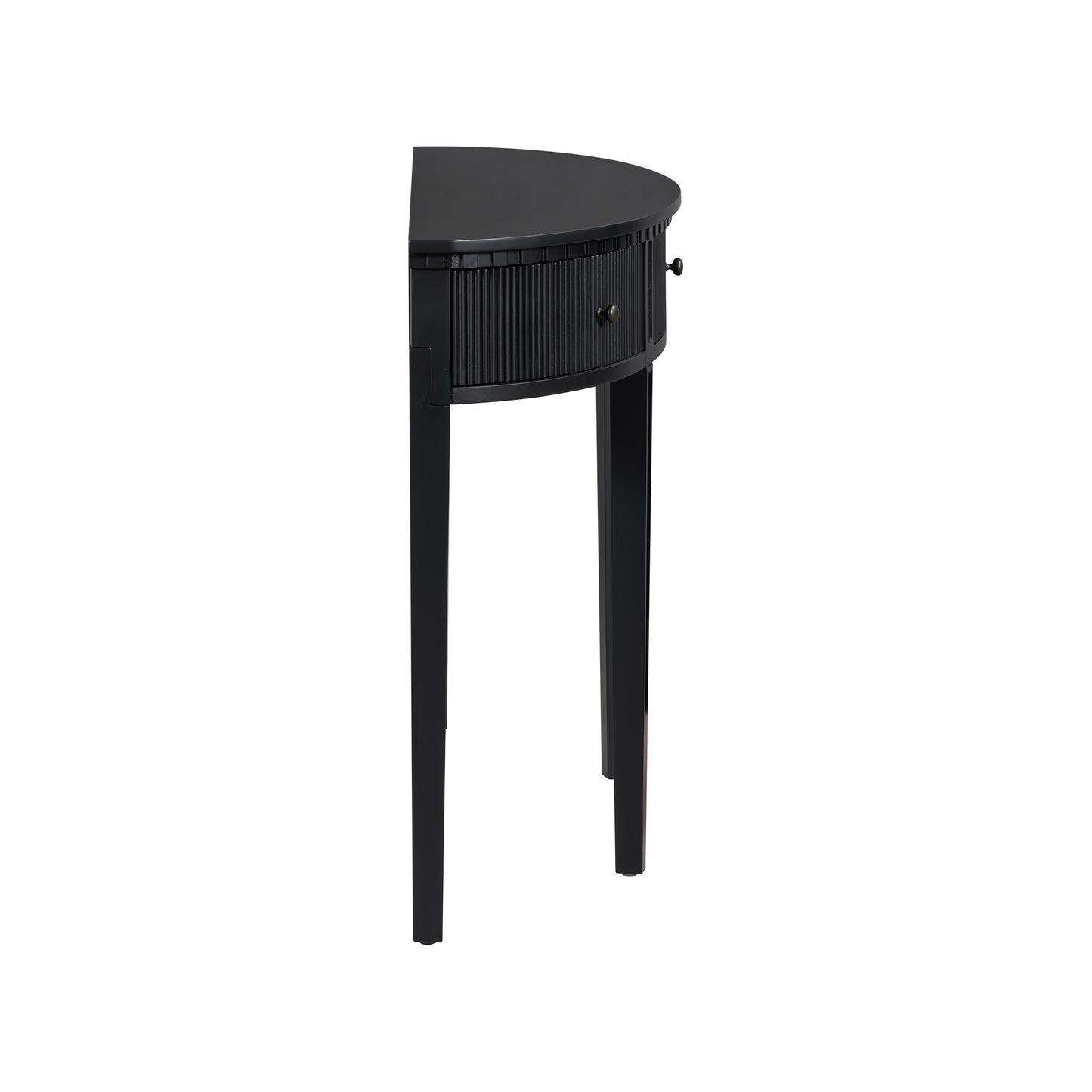 Black halfmoon console table with fluted drawer front and tapered legs