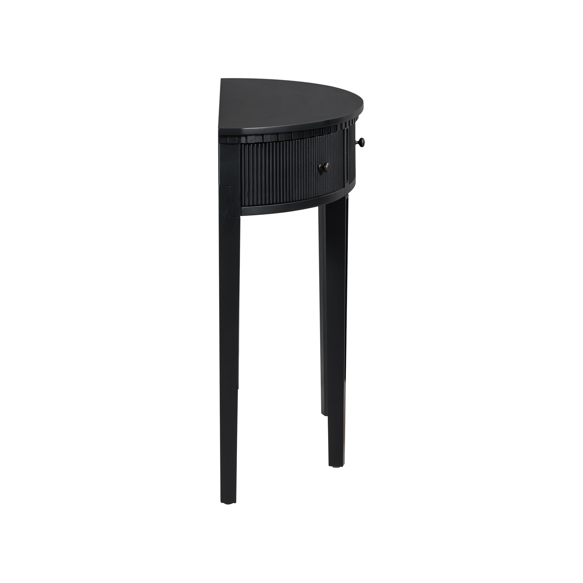 Black halfmoon console table with fluted drawer front and tapered legs