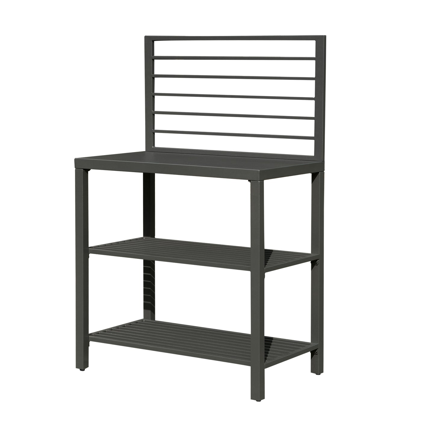 Dark gray metal potting bench with three shelves and a slatted backrest