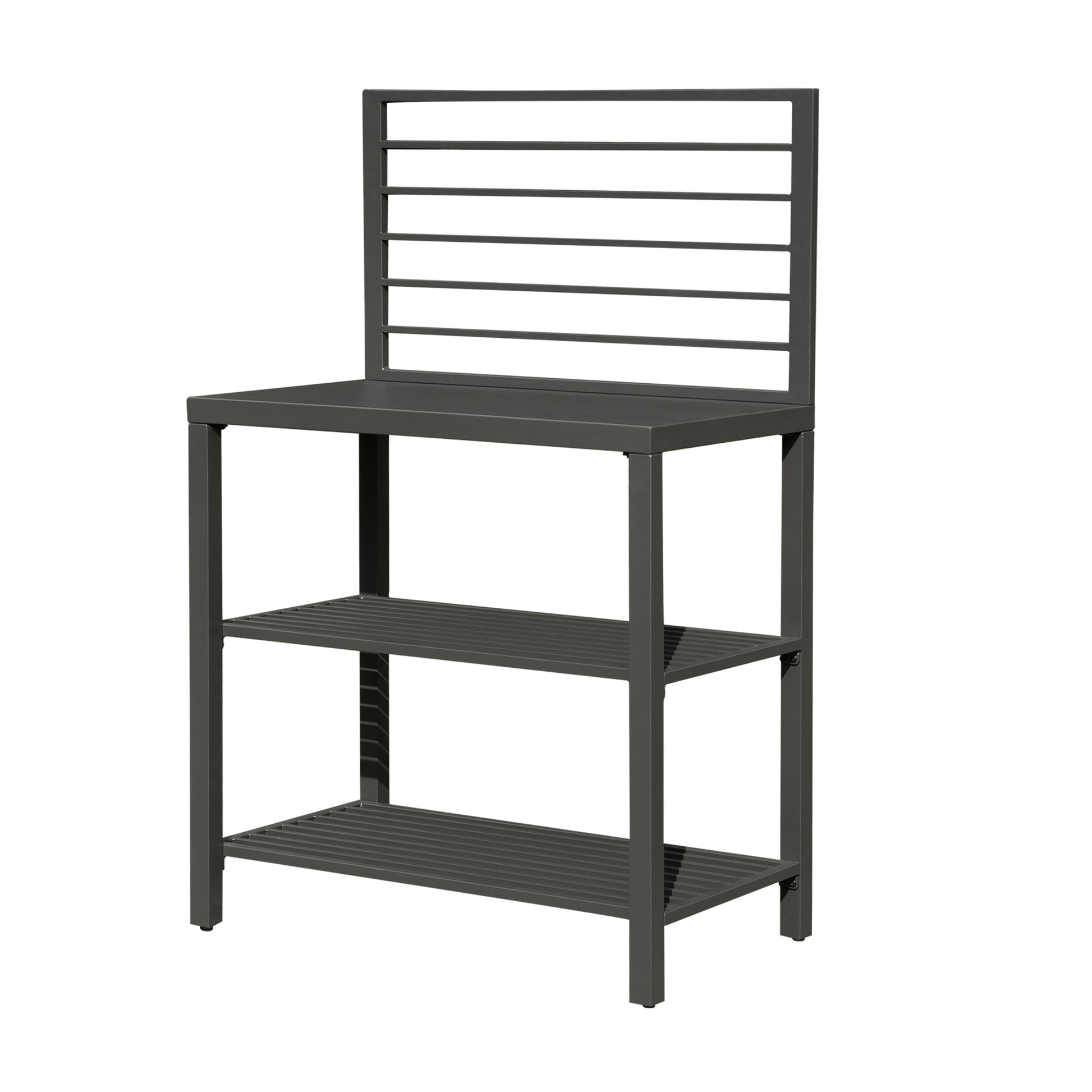 Dark gray metal potting bench with three shelves and a slatted backrest