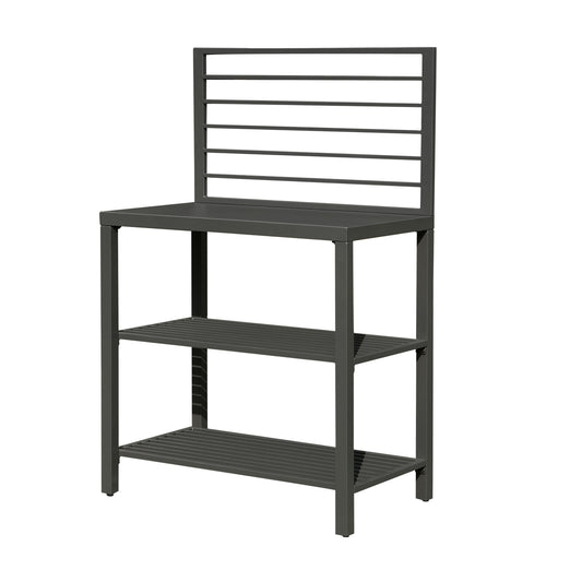 Dark gray metal potting bench with three shelves and a slatted backrest