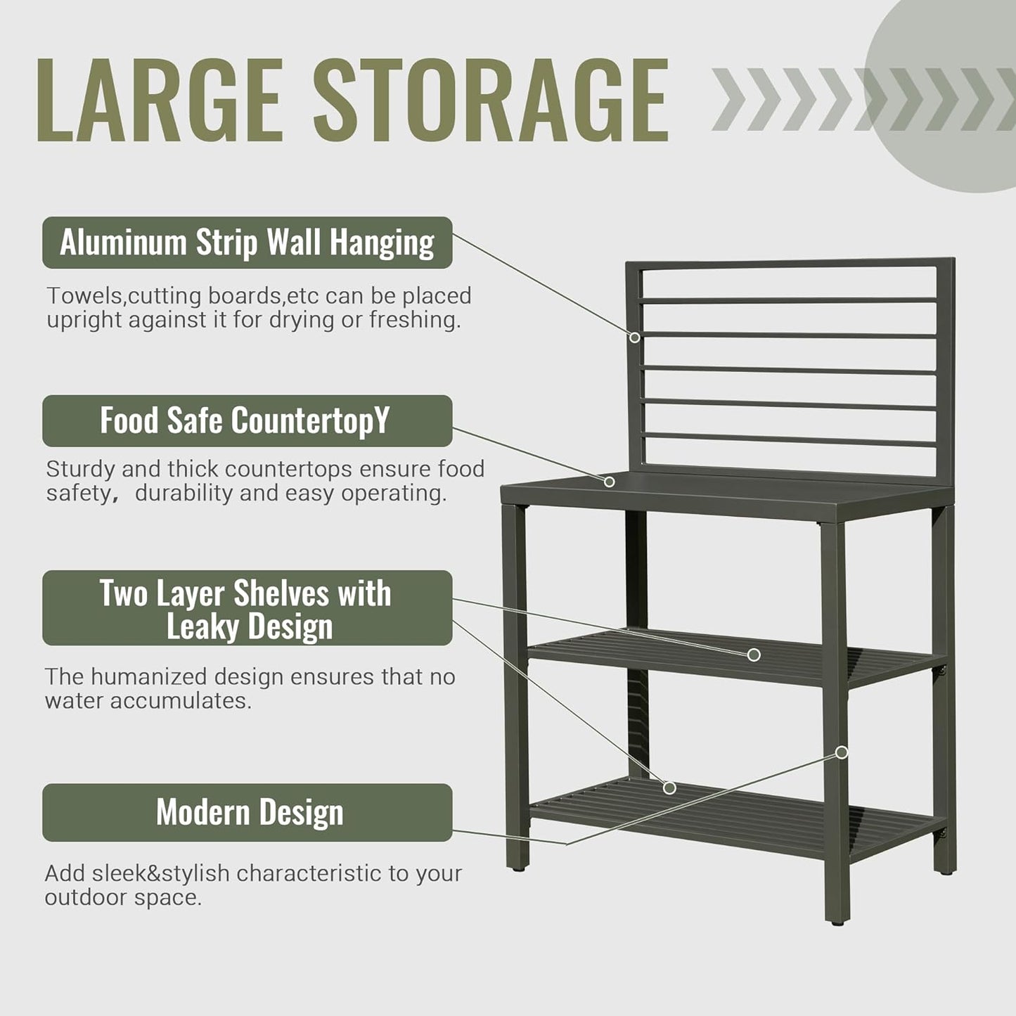 Dark grey metal outdoor shelving unit with two slatted shelves and a solid top