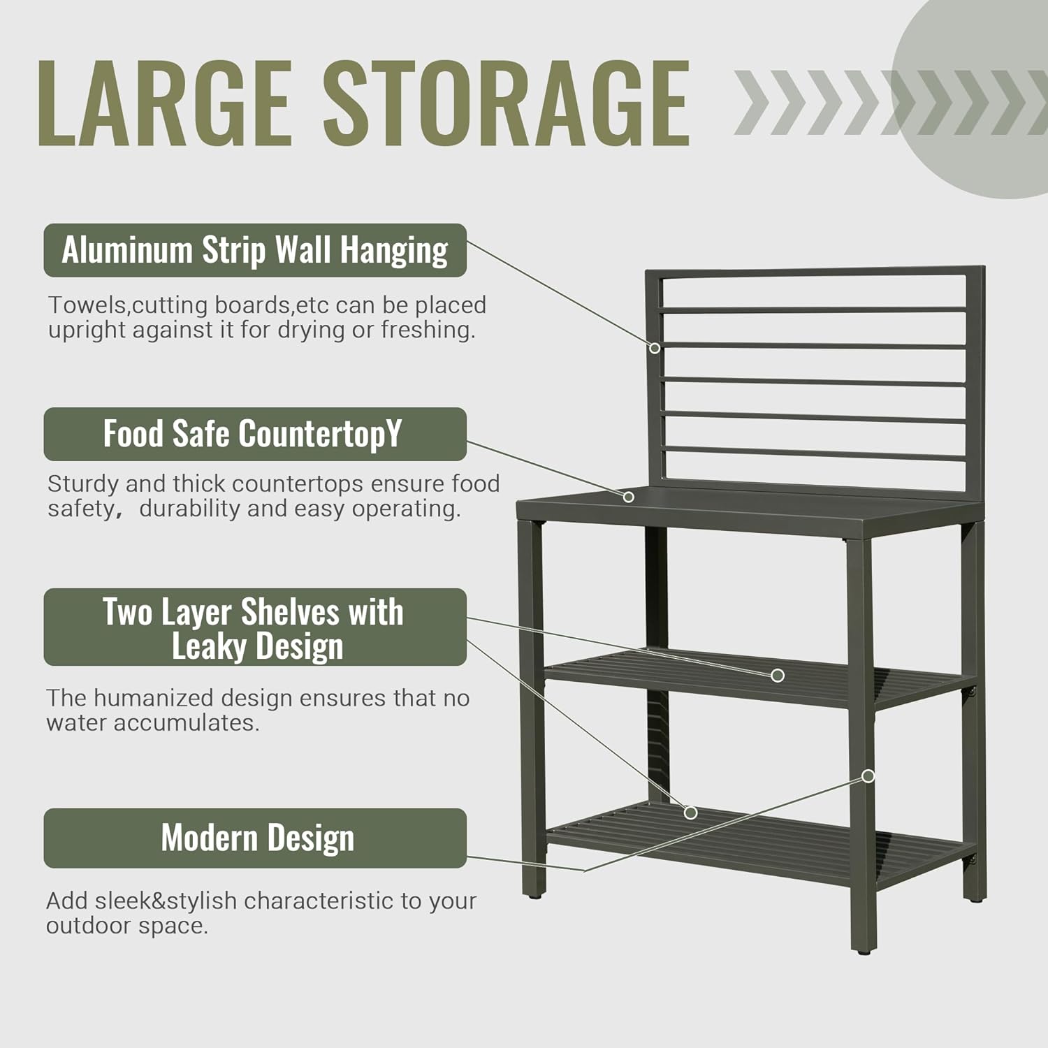 Dark grey metal outdoor shelving unit with two slatted shelves and a solid top