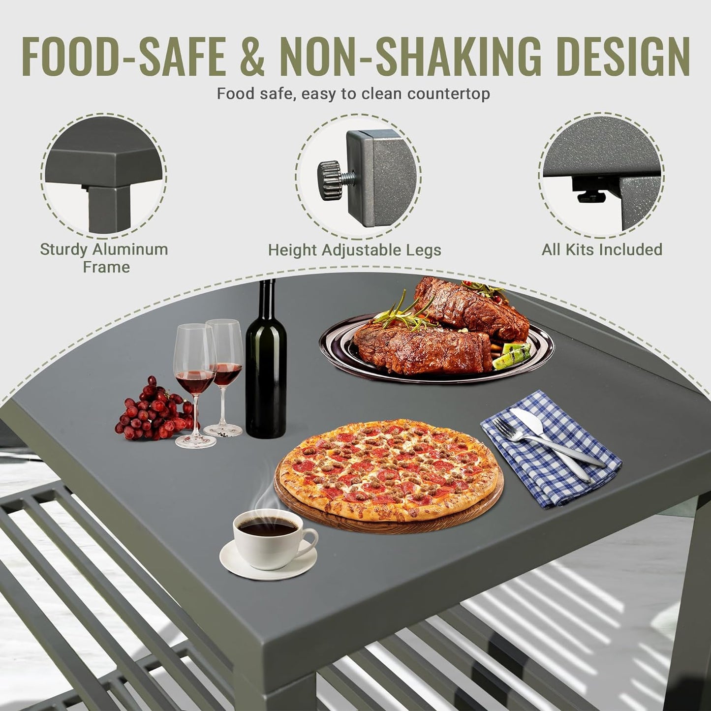 Outdoor serving cart with grilled steaks pizza wine and coffee showcasing a foodsafe countertop