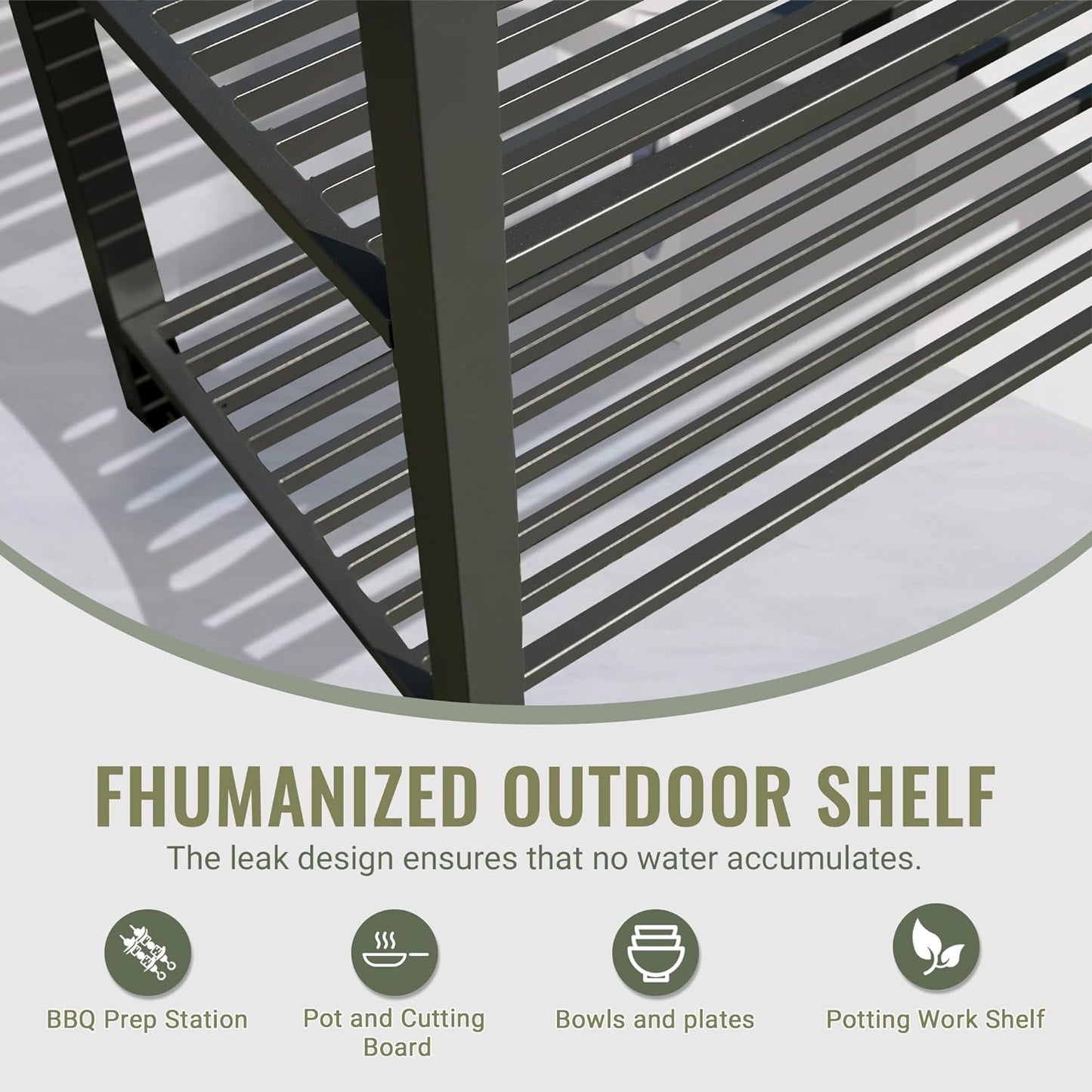 Dark gray metal outdoor shelf with slatted shelves for storage and airflow