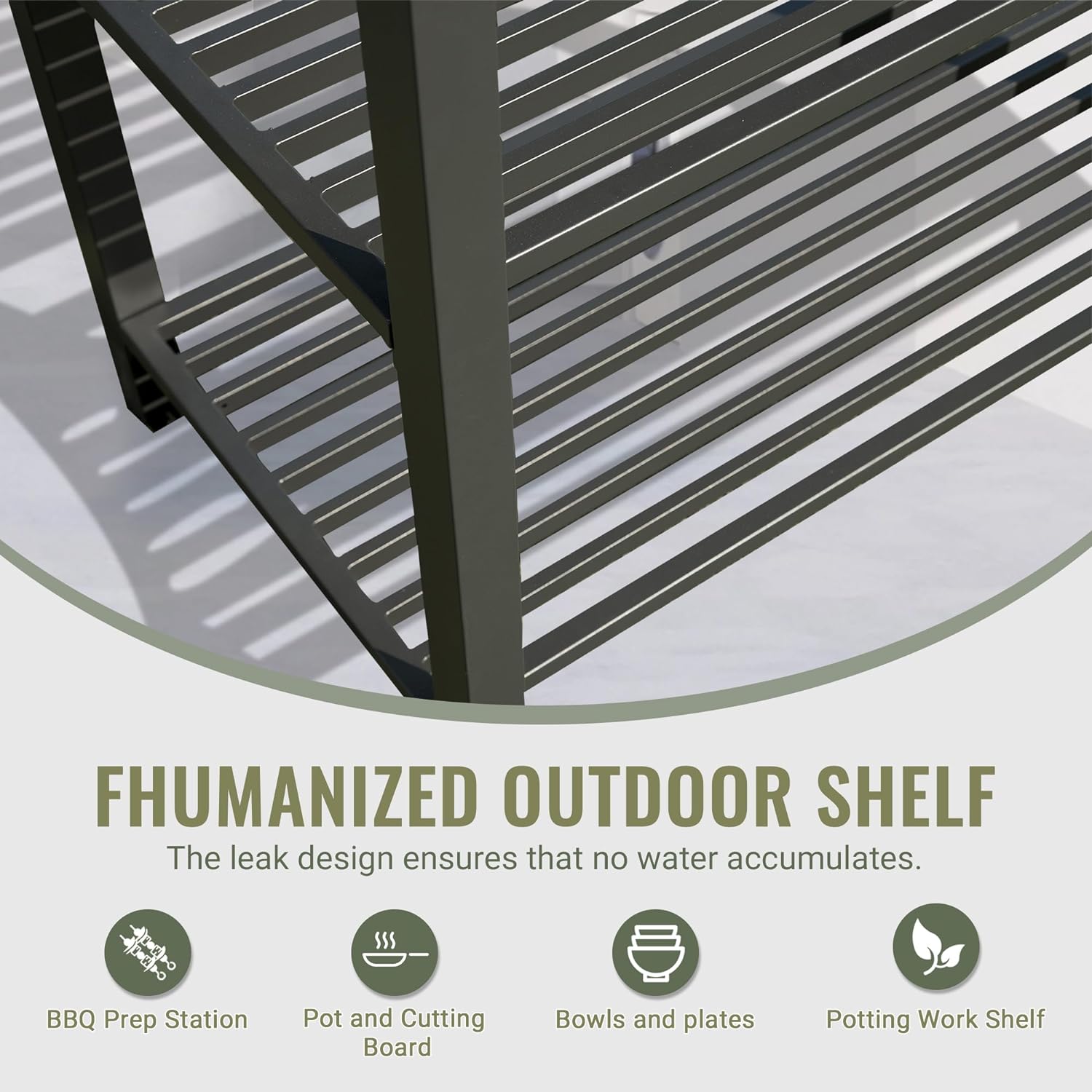 Dark gray metal outdoor shelf with slatted shelves for storage and airflow