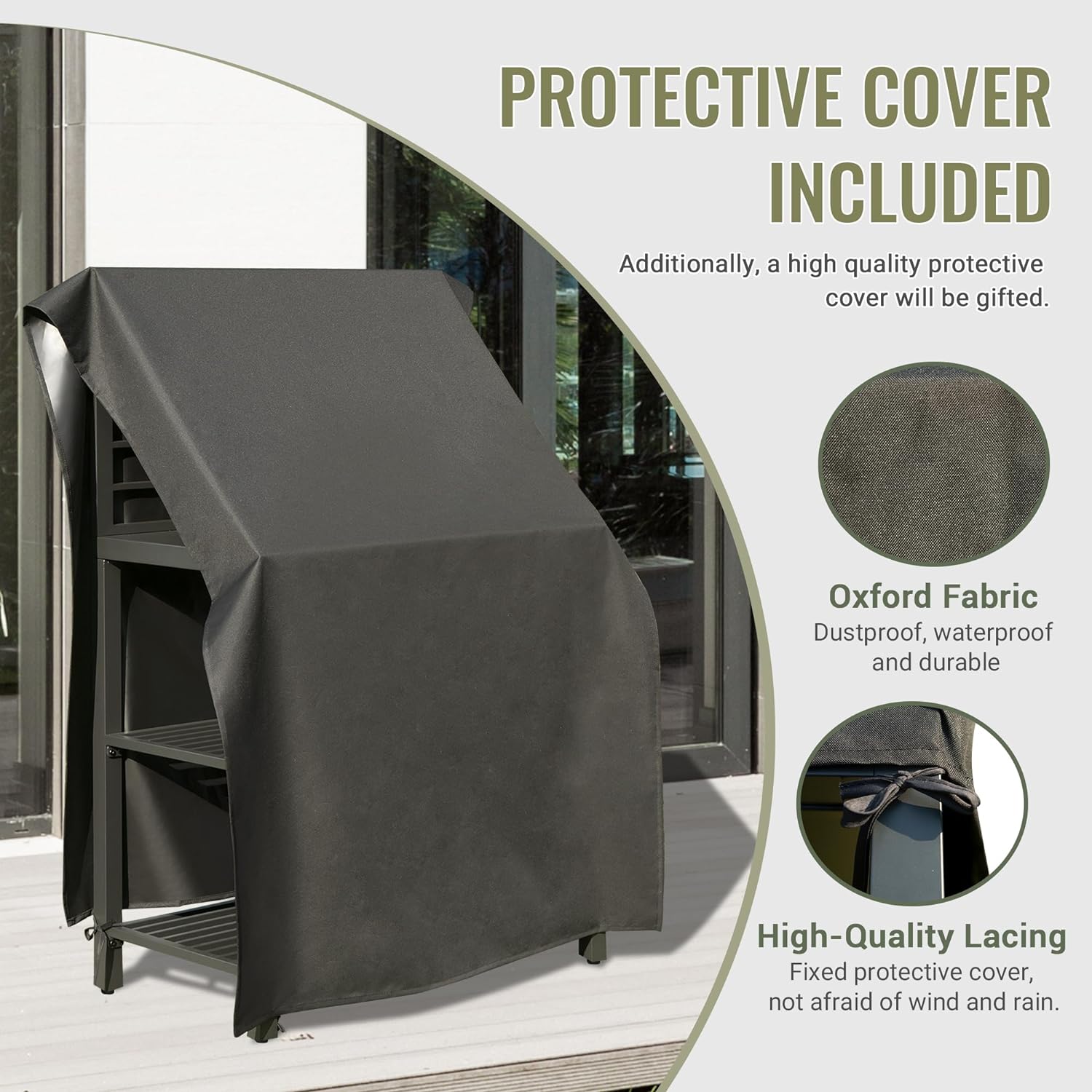 Dark grey Oxford fabric outdoor grill cover protecting a black metal grill cart