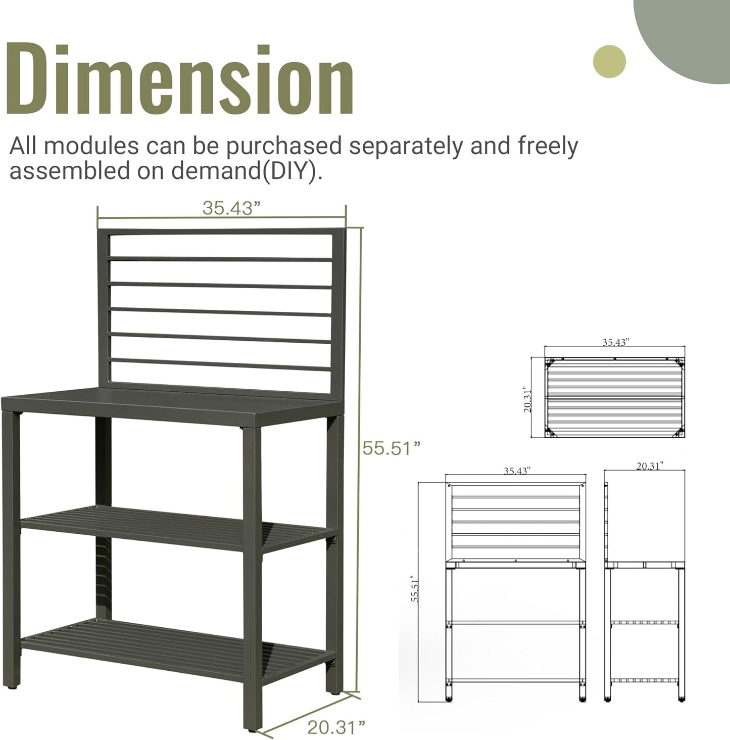 Dark grey metal potting bench with two shelves and a tiered back