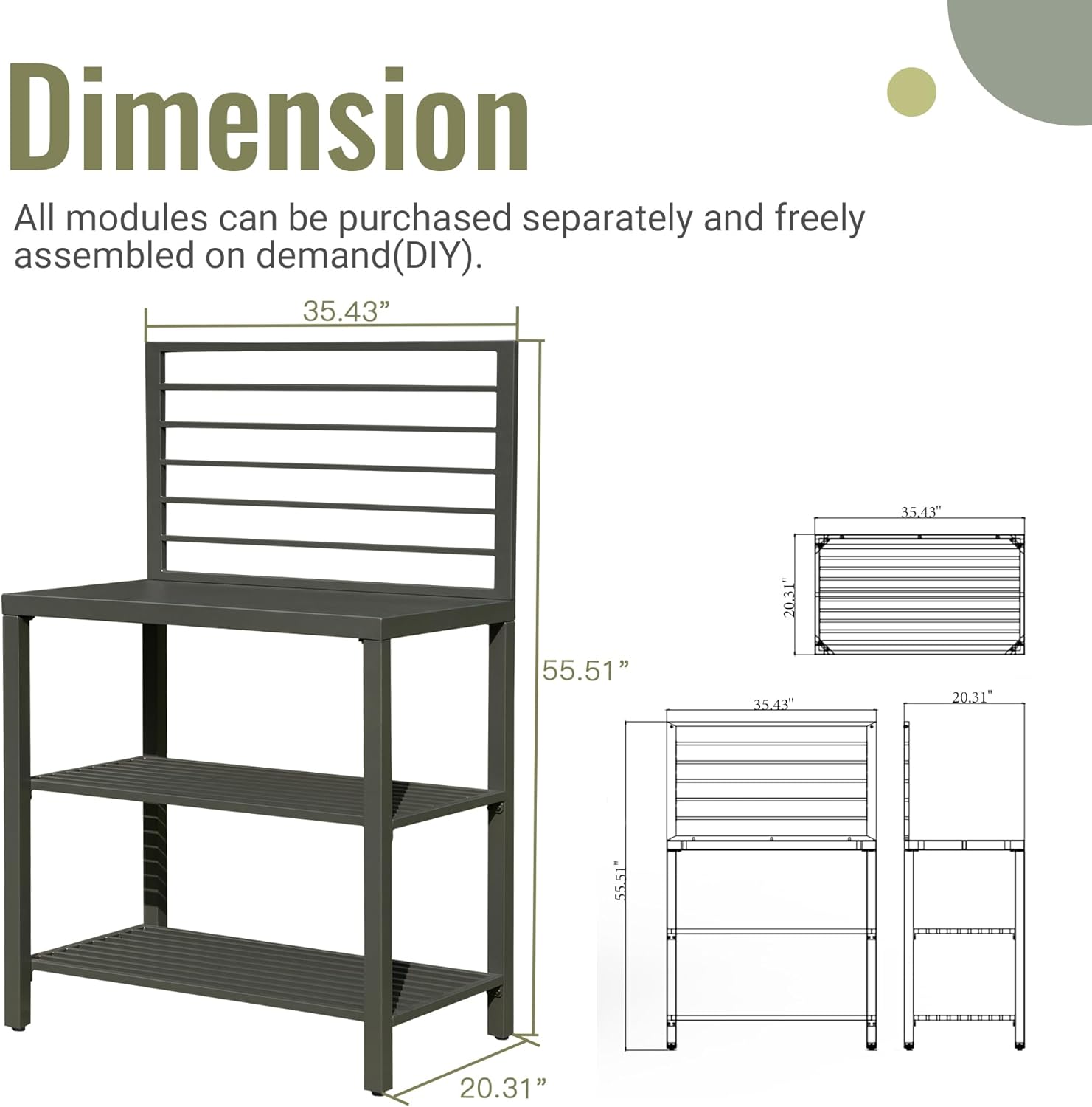 Dark grey metal potting bench with two shelves and a tiered back