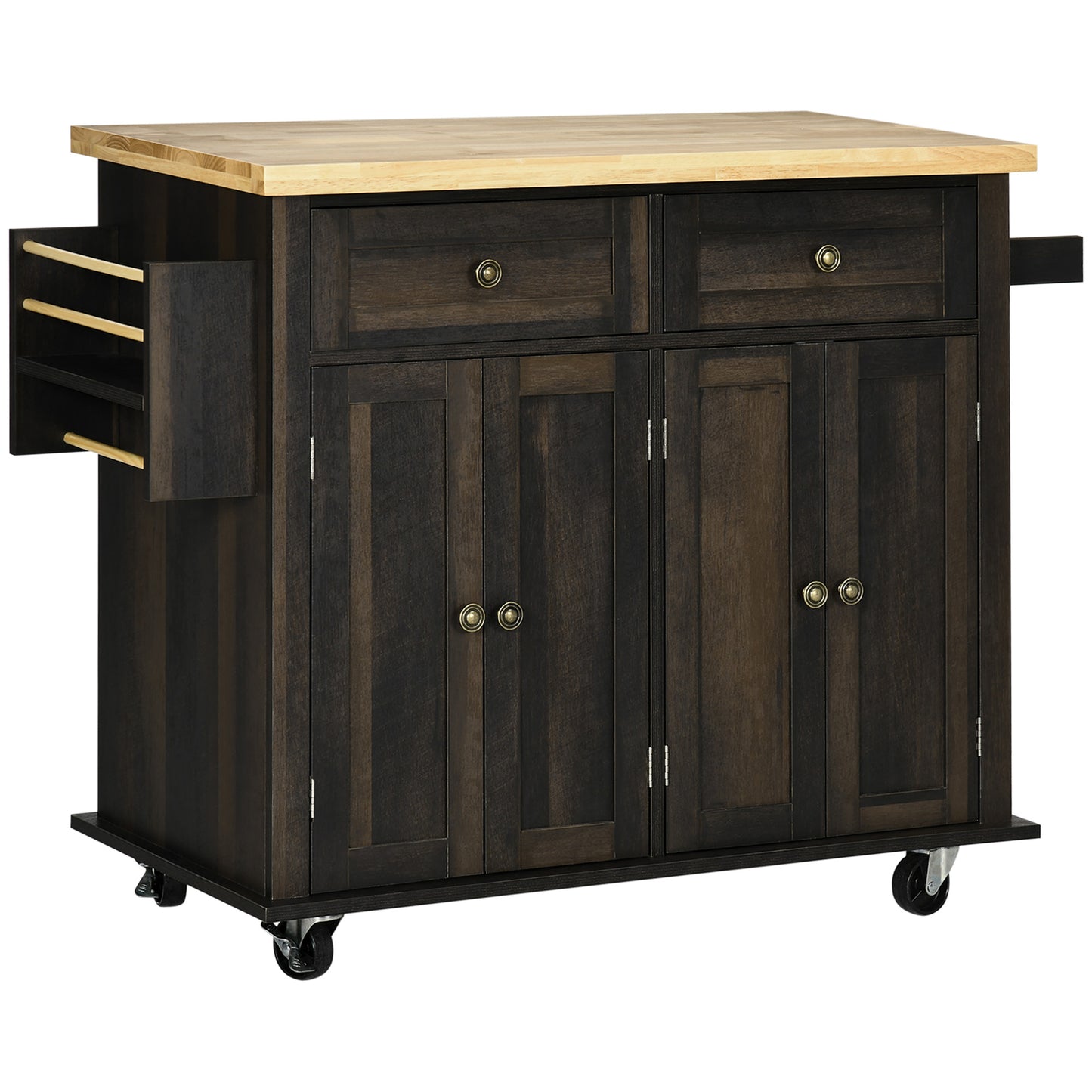 Dark wood kitchen island with butcher block top and brass hardware