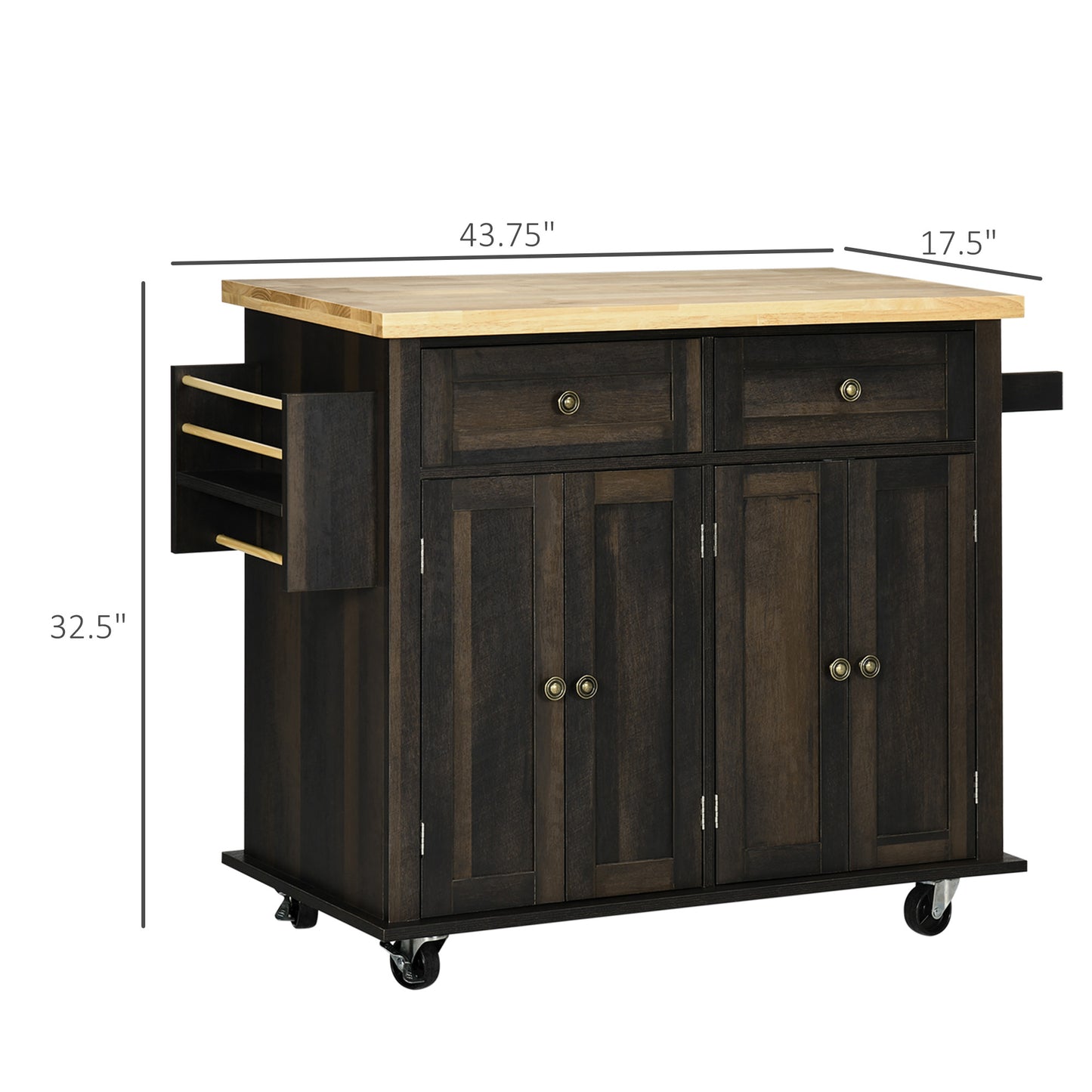 Dark wood kitchen island cart with butcher block top and four drawers