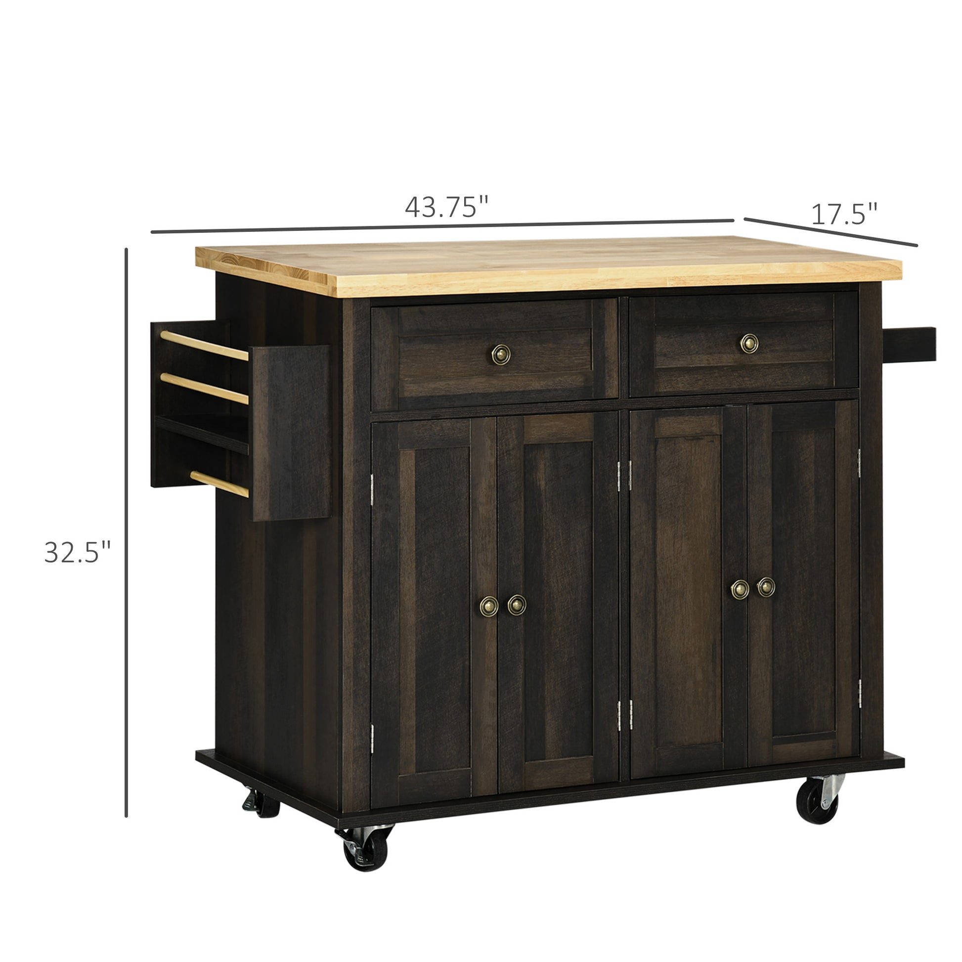 Dark wood kitchen island cart with butcher block top and four drawers