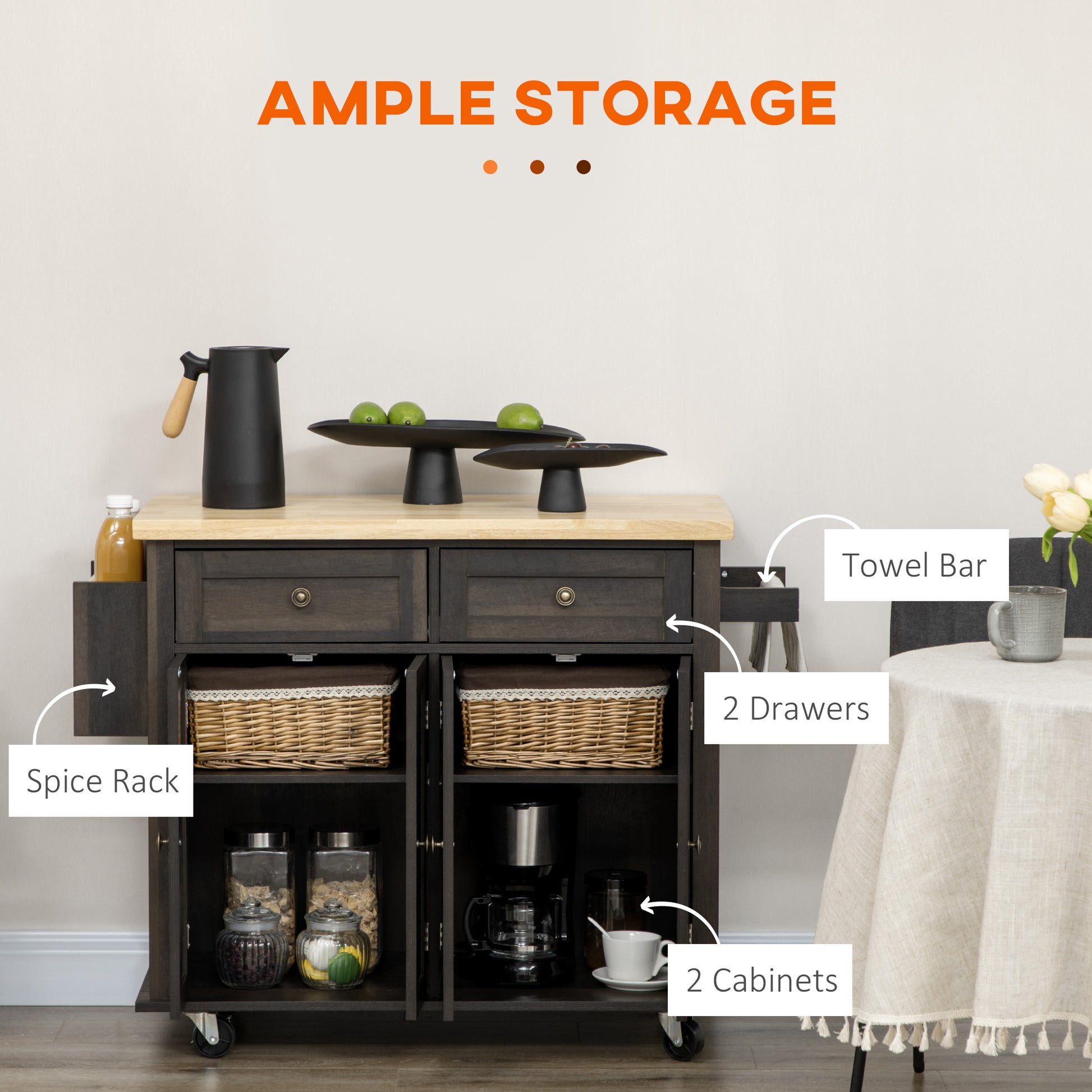 Dark wood kitchen island cart with butcher block top  drawers and  cabinets