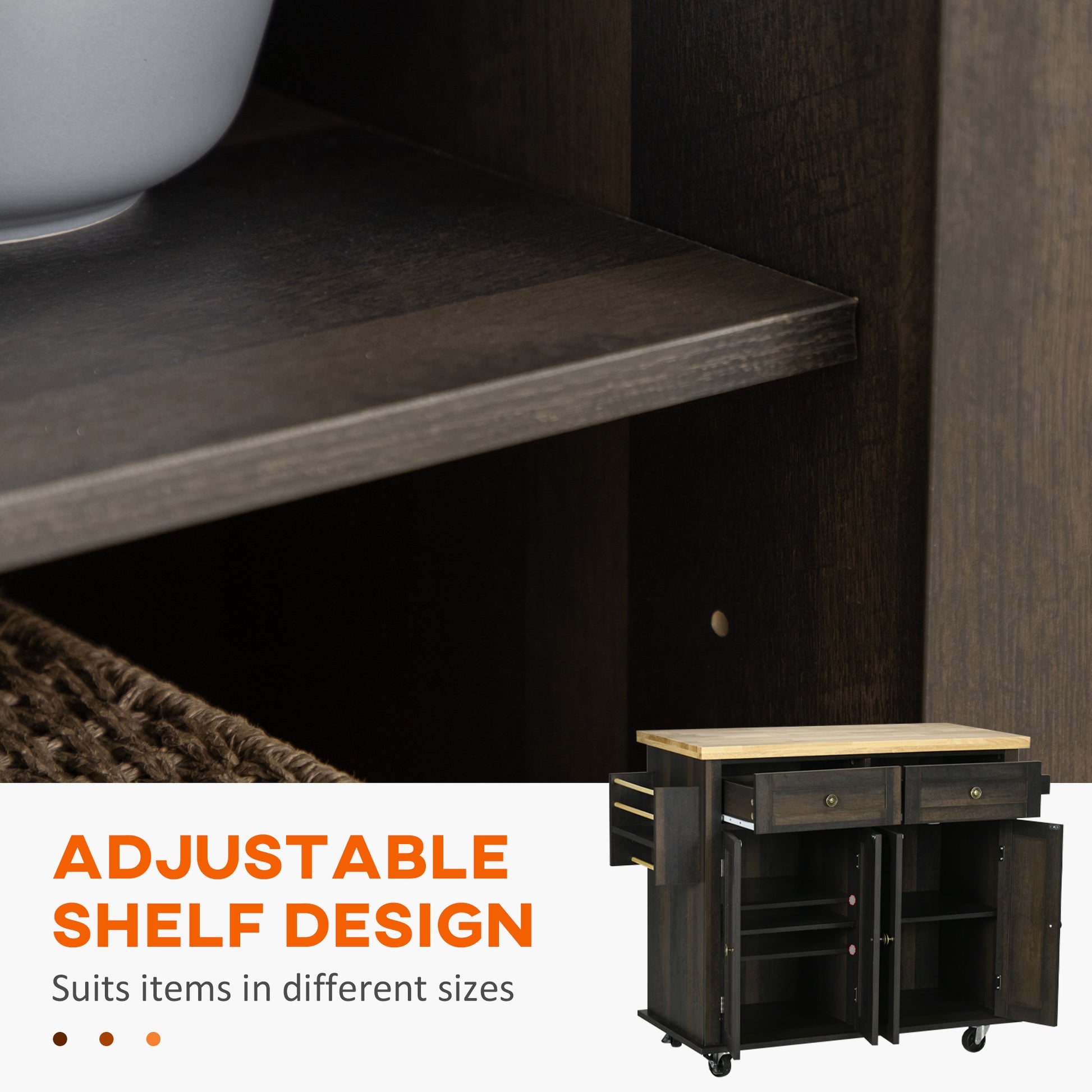 Dark wood kitchen island with adjustable shelves and butcher block top