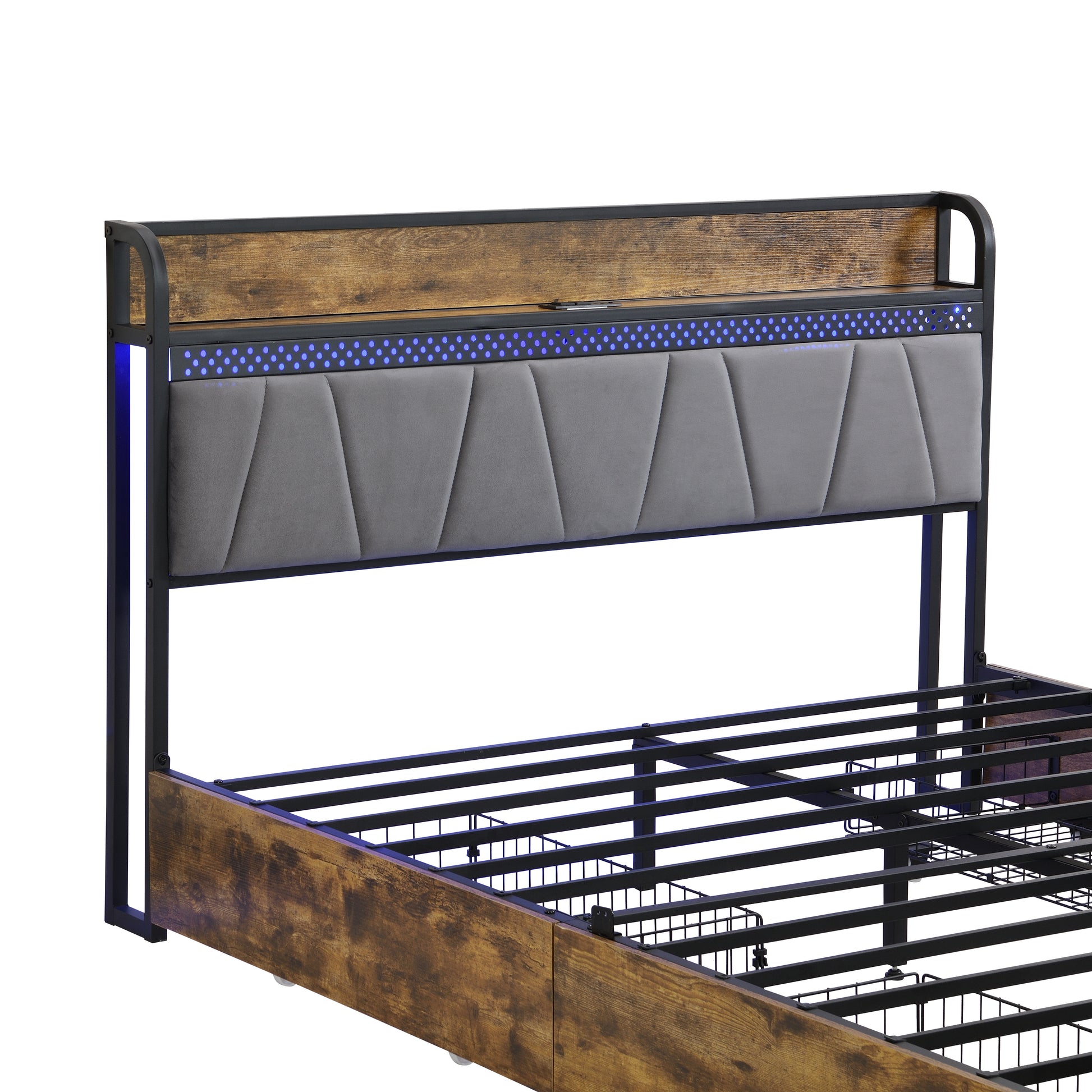 Industrial style bed frame headboard with gray upholstered panels and blue LED lights