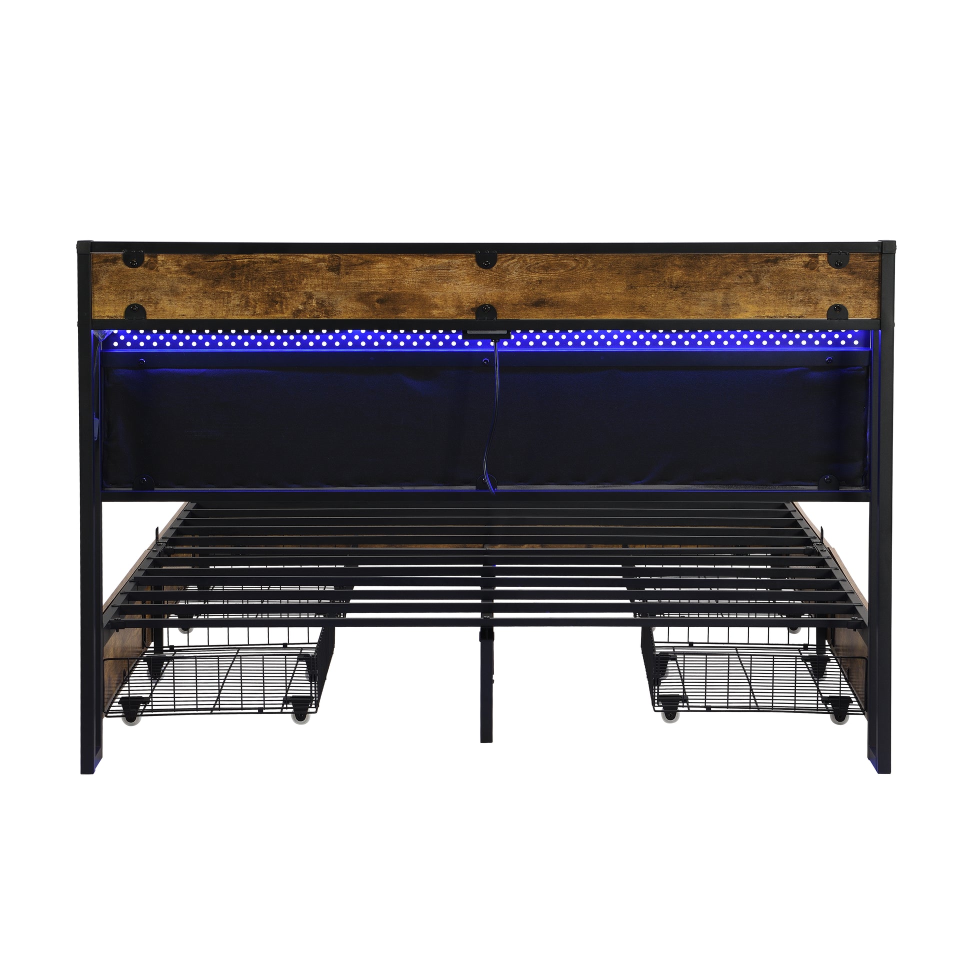 Rustic wood and metal platform bed frame with integrated blue LED lights queen size
