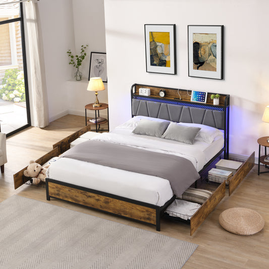 Rustic wood queen bed frame with upholstered headboard integrated USB ports and LED lighting