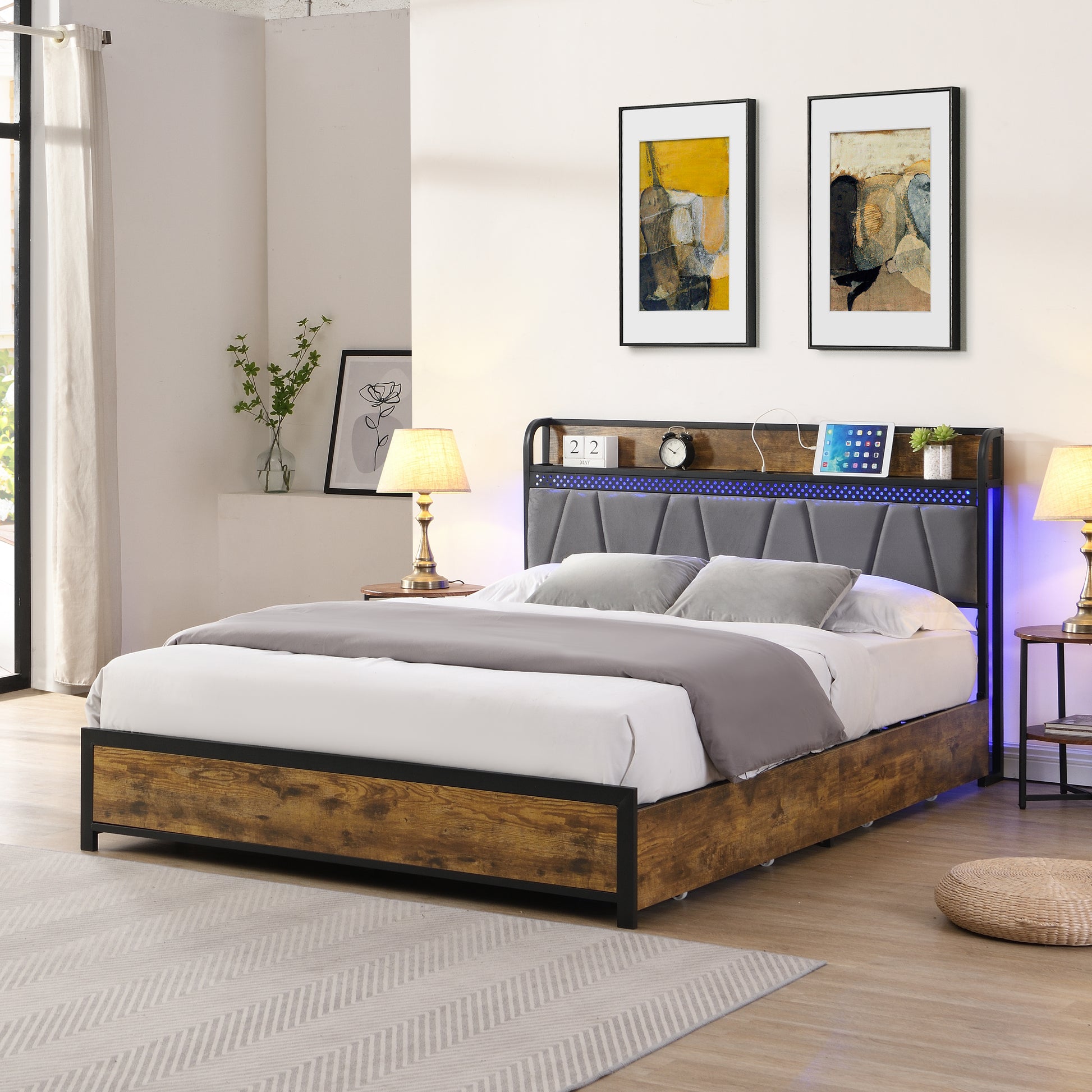 Industrial style grey upholstered queen bed frame with wood headboard and builtin LED lighting