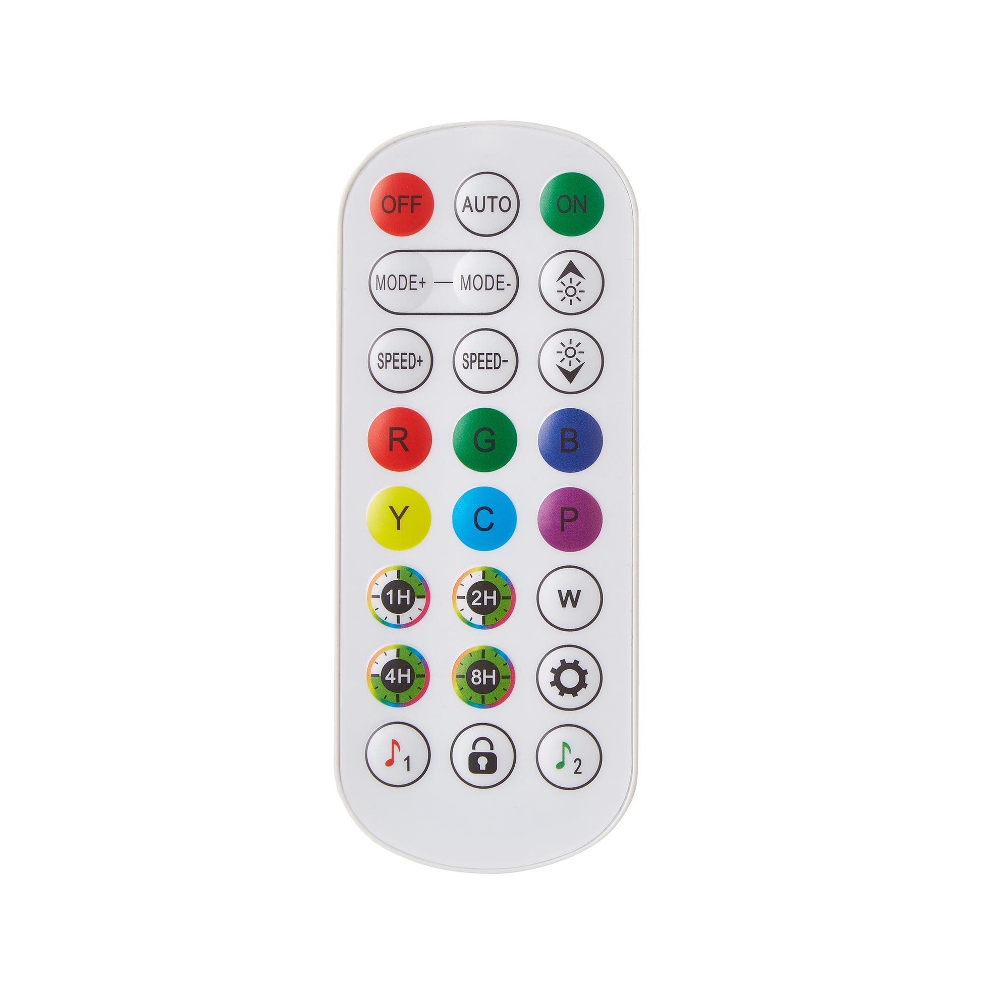 White remote control for LED strip lights with mode and speed buttons