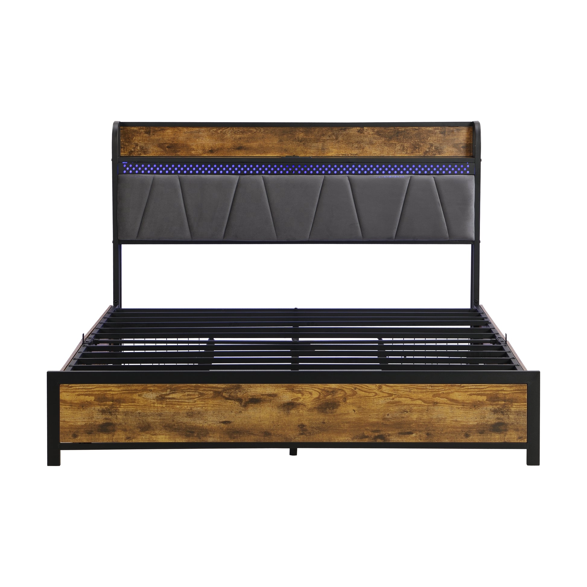 Rustic wood and metal bed frame with upholstered gray headboard and blue LED lights