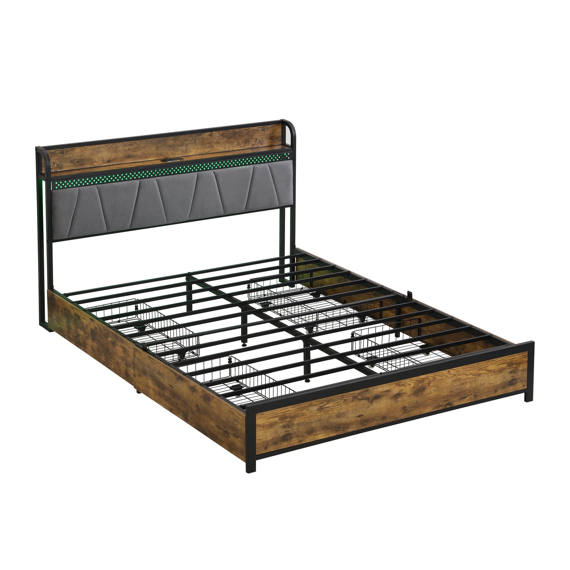 Industrial wood and metal bed frame with upholstered headboard and LED lights