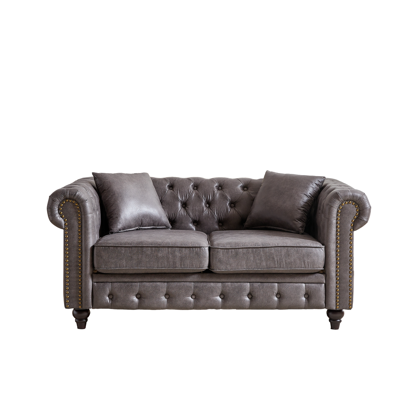 Dark grey faux leather chesterfield loveseat with button tufting and antique brass nailhead trim