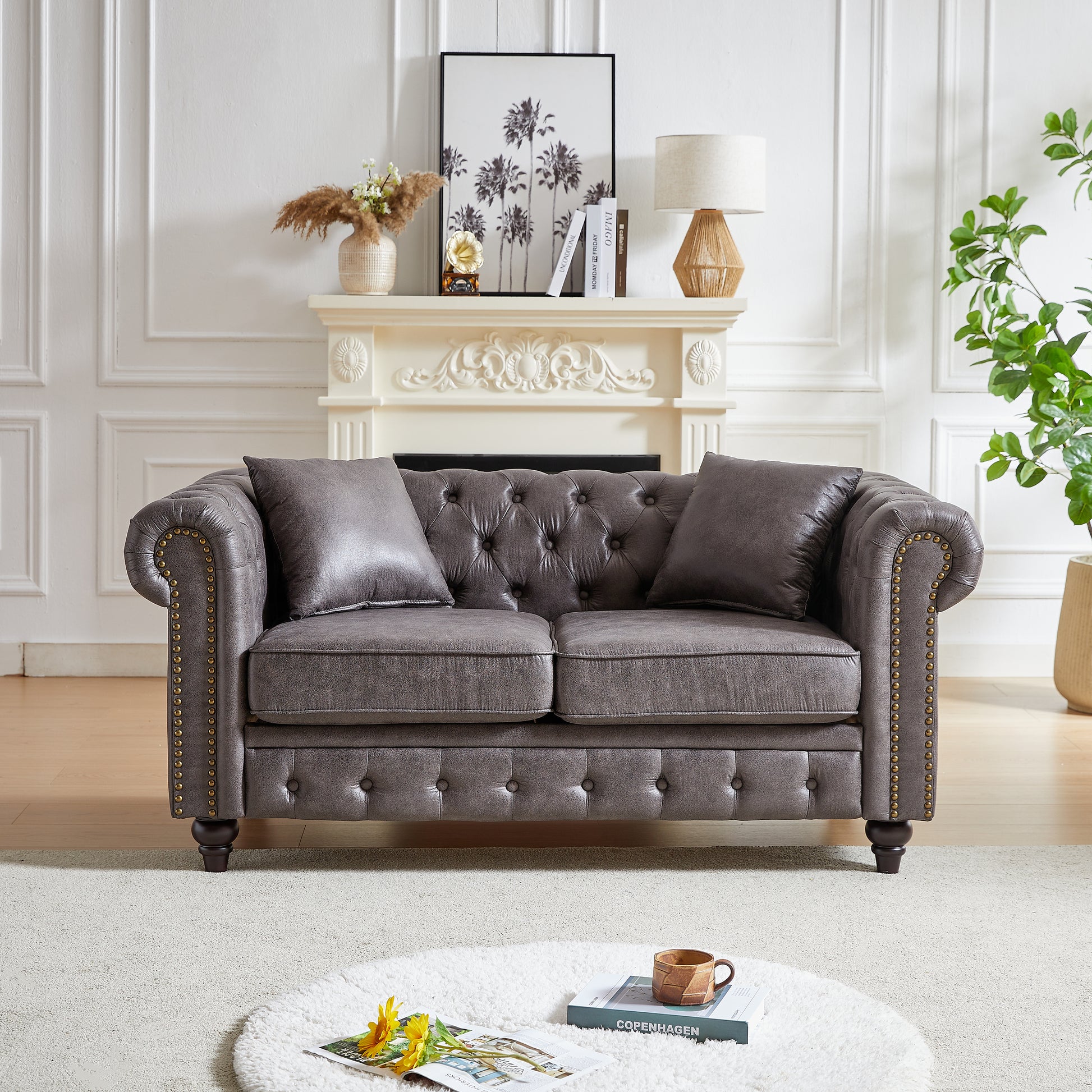 Gray tufted leather chesterfield sofa with nailhead trim seater for living room