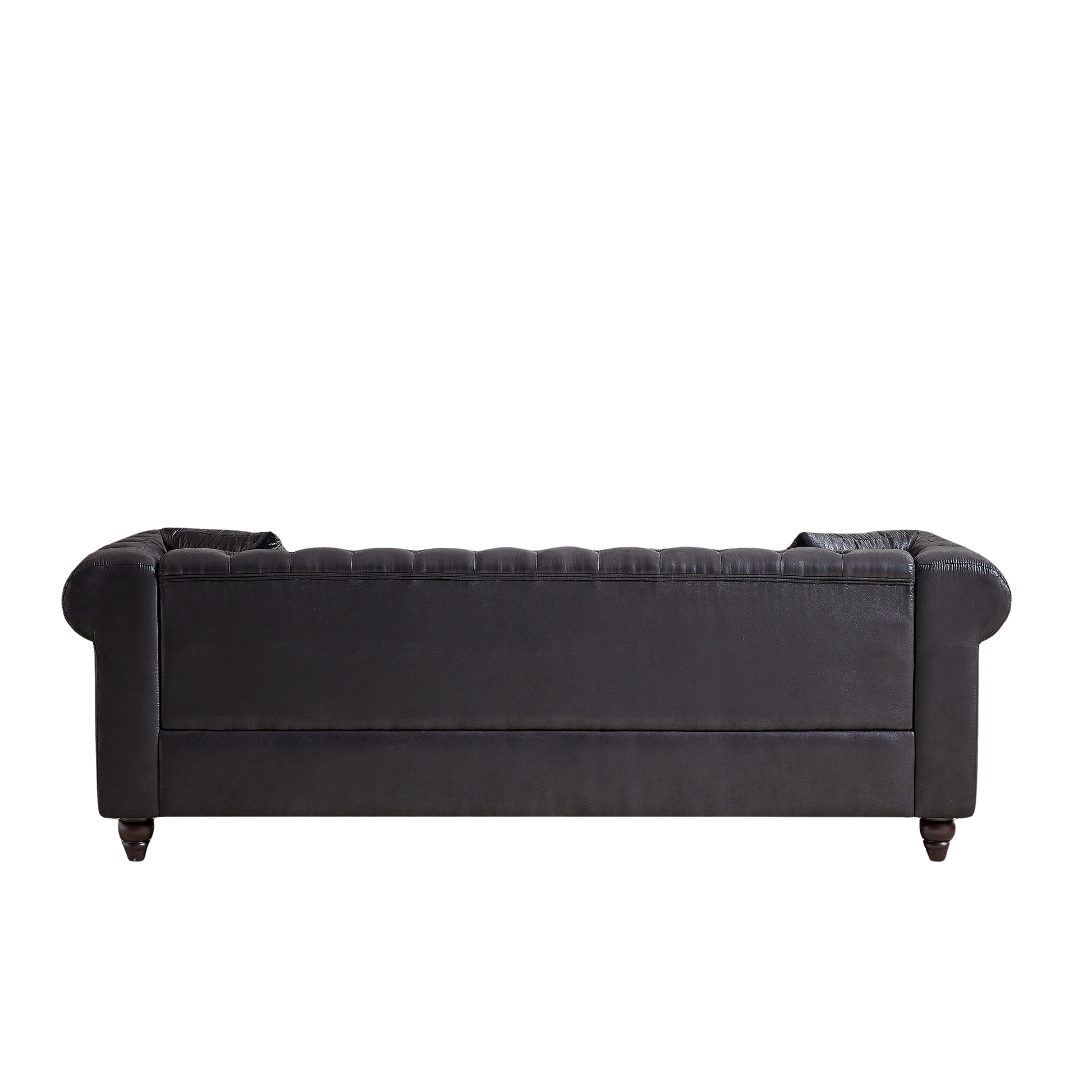 Black leather chesterfield sofa with tufted back and rolled arms featuring dark wood legs