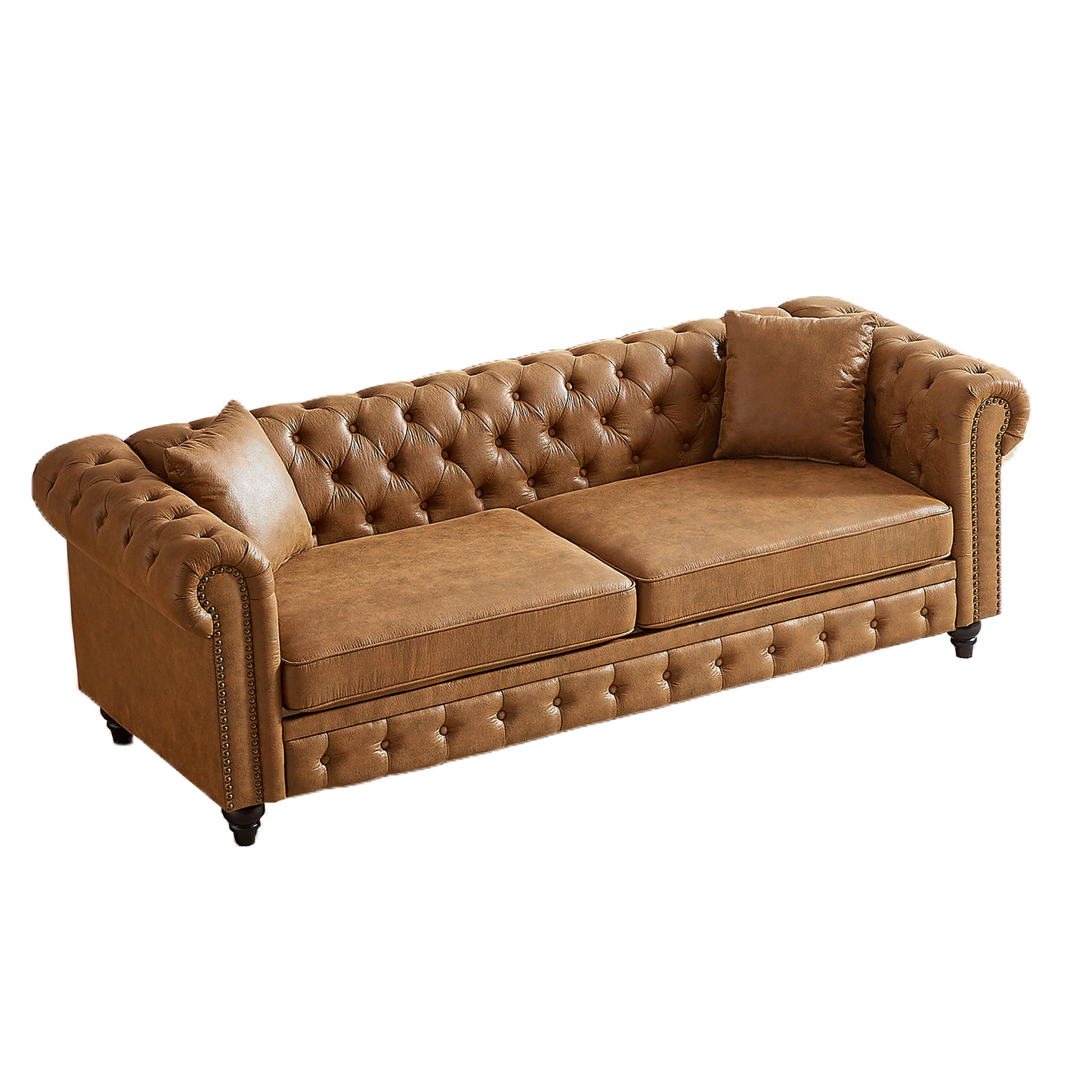 Tan leather chesterfield sofa with button tufting and nailhead trim detail