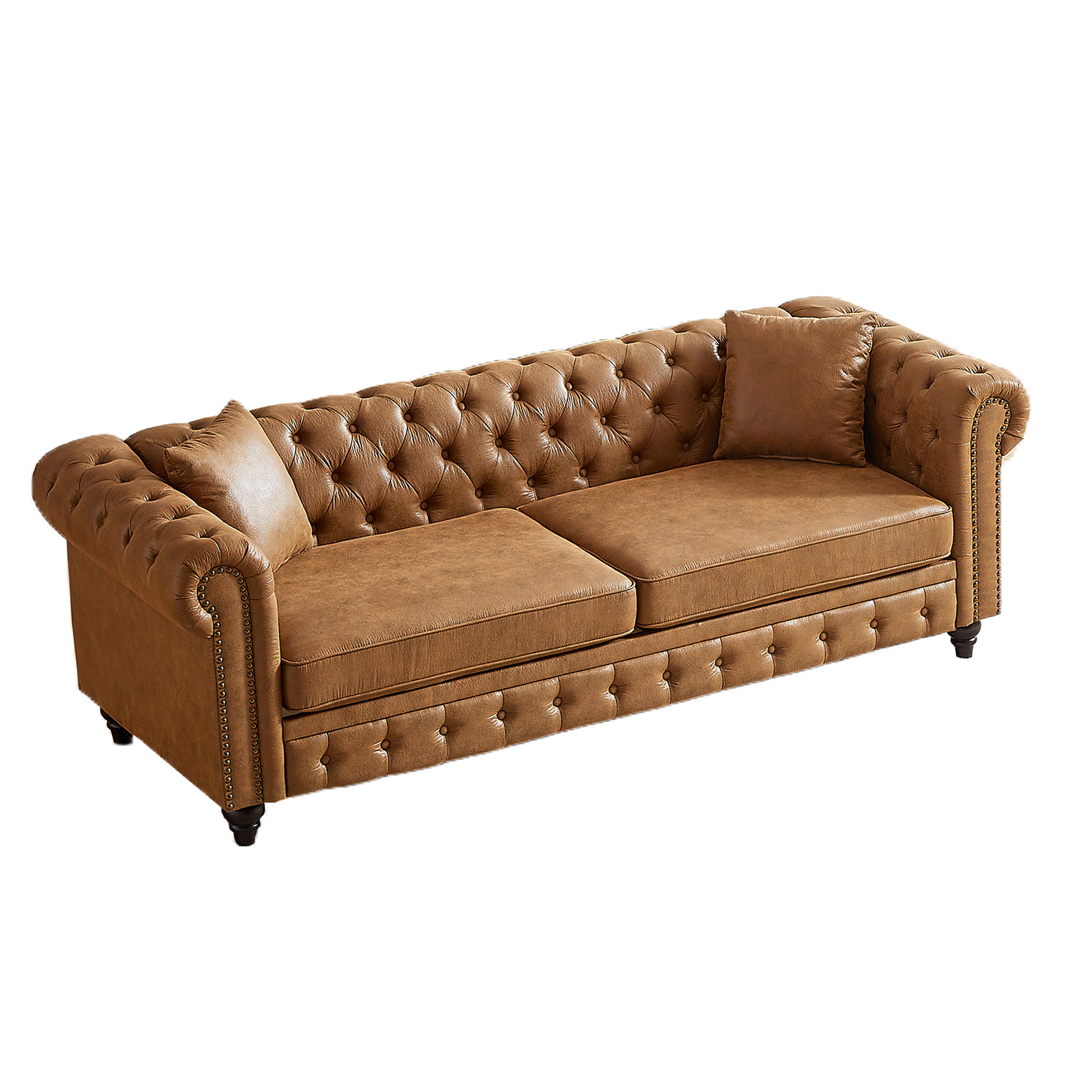 Tan leather chesterfield sofa with button tufting and nailhead trim detail