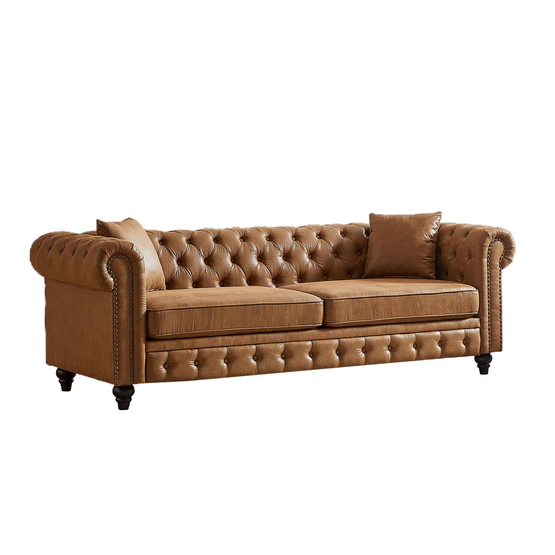 Classic brown leather chesterfield sofa with button tufting and nailhead trim