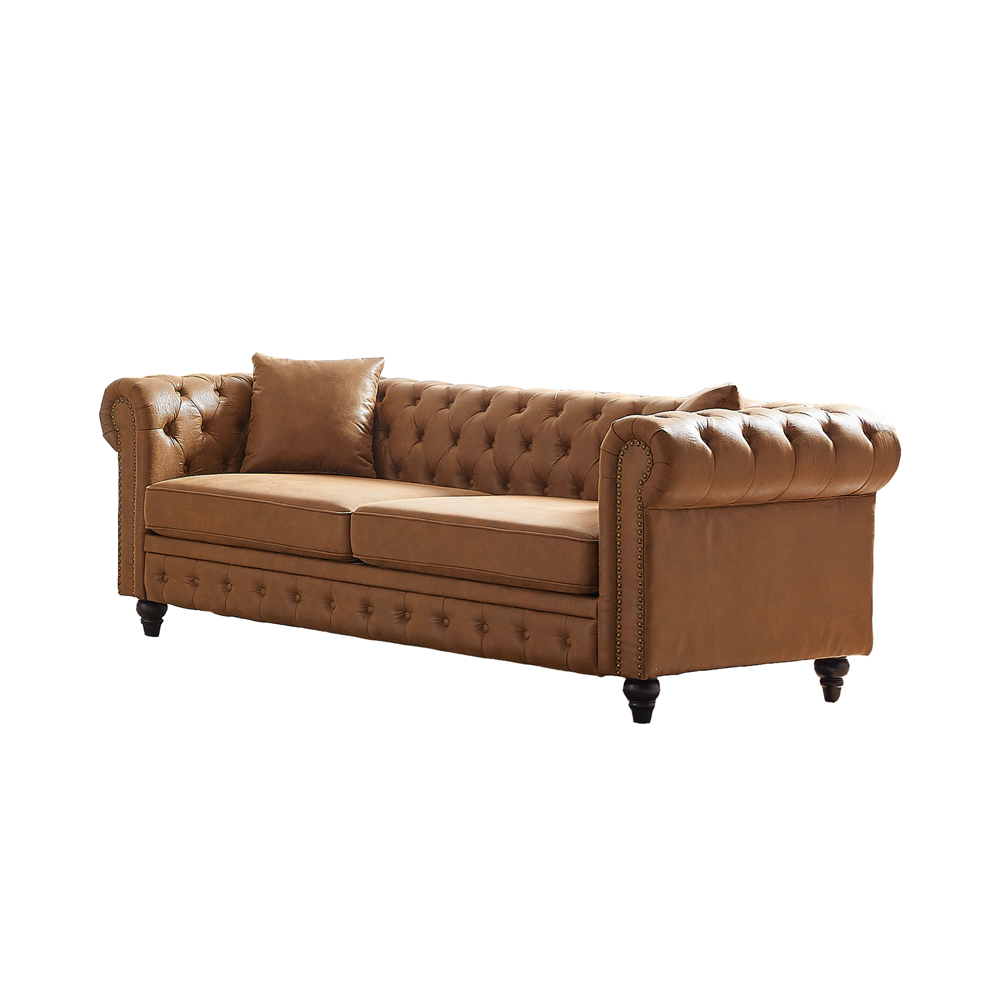 Tan leather chesterfield sofa with deep button tufting and nailhead trim accents
