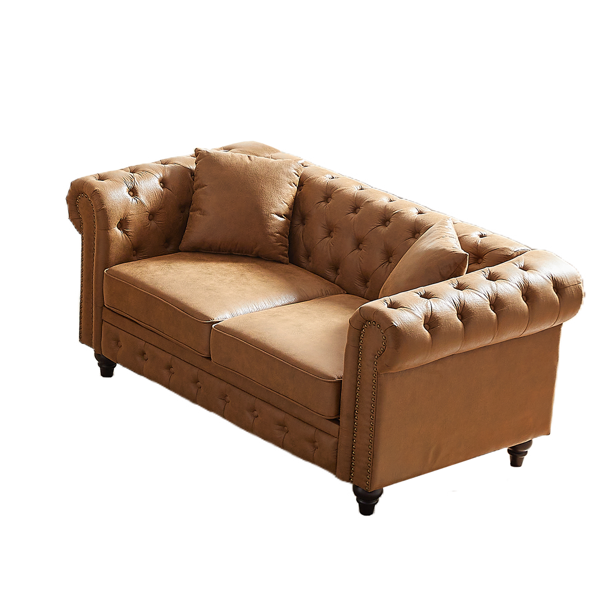Brown leather Chesterfield sofa with tufted detailing and brass nailhead trim perfect for living rooms
