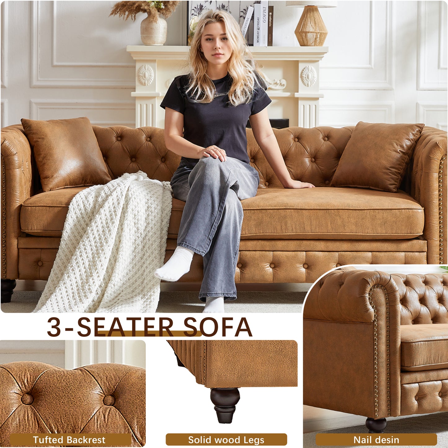 Brown tufted seater sofa with rolled arms and nailhead trim