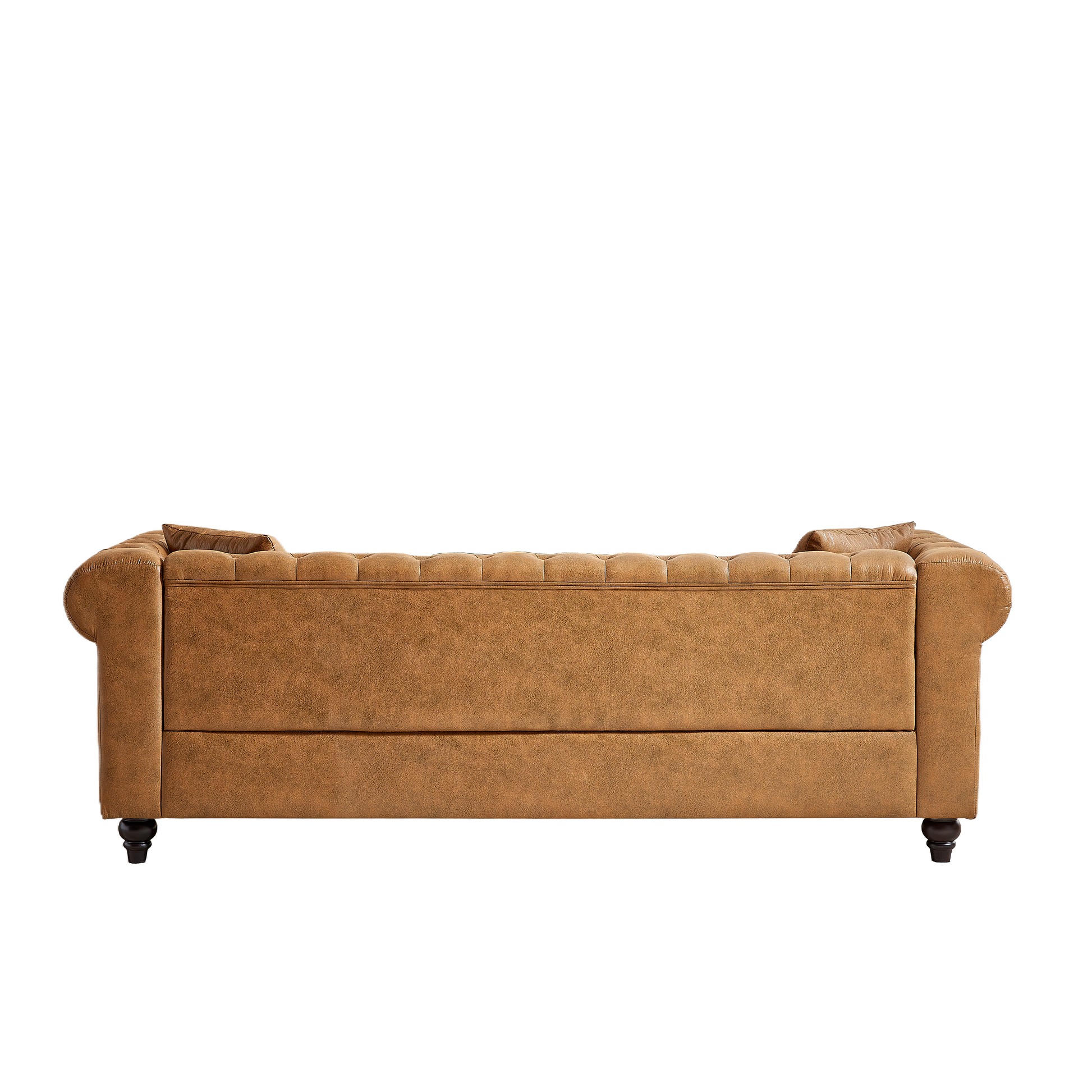 Brown leather chesterfield sofa with button tufting on the backrest